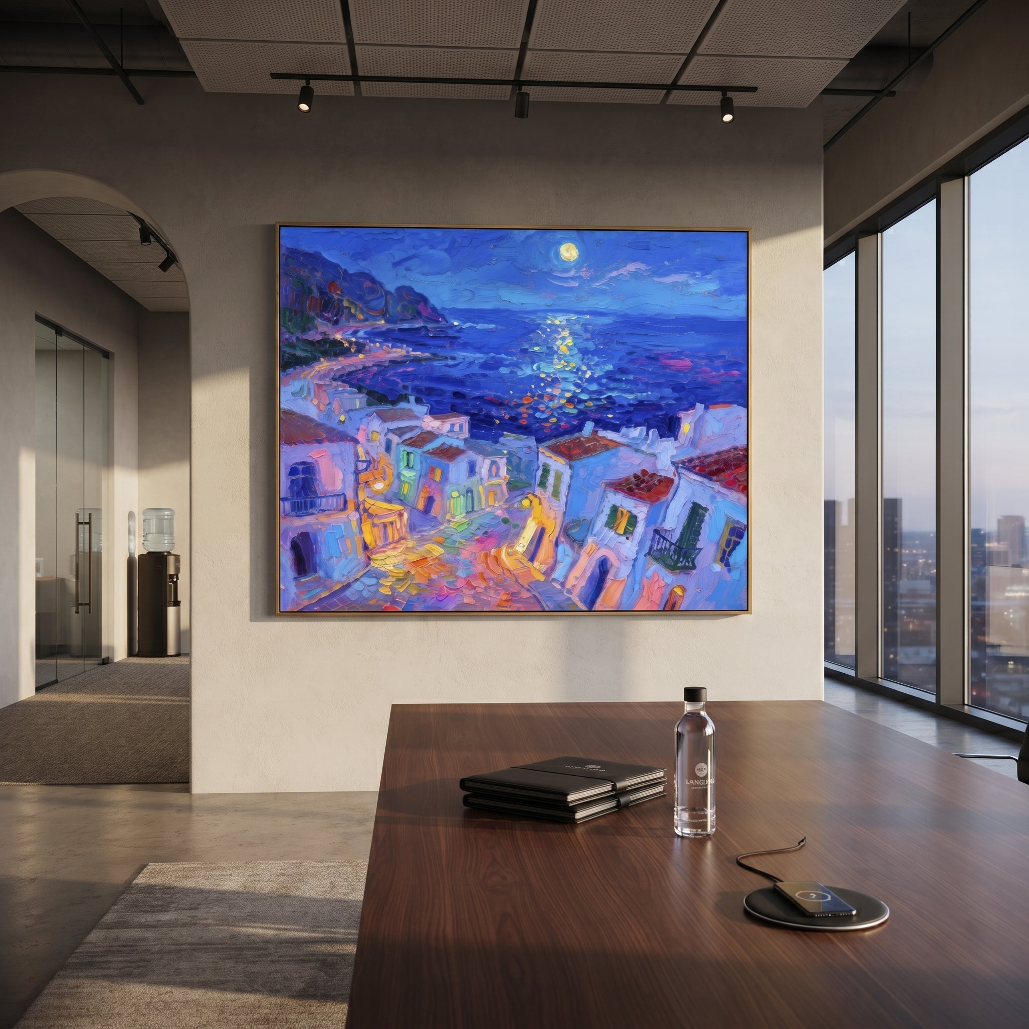 "Moonlit Mediterranean Coast Painting" focuses on atmosphere, surface movement, and sculptural heavy impasto craftsmanship rather than a fixed literal storyline. The composition uses this hand-painted Mediterranean canvas features night blue shoreline, glowing moon on water, quiet village lights and violet shadows, built with raised palette-knife texture, layered brushwork, and luminous coastal color as the visual anchor, while layered palette-knife paint, raised plaster-like texture, and