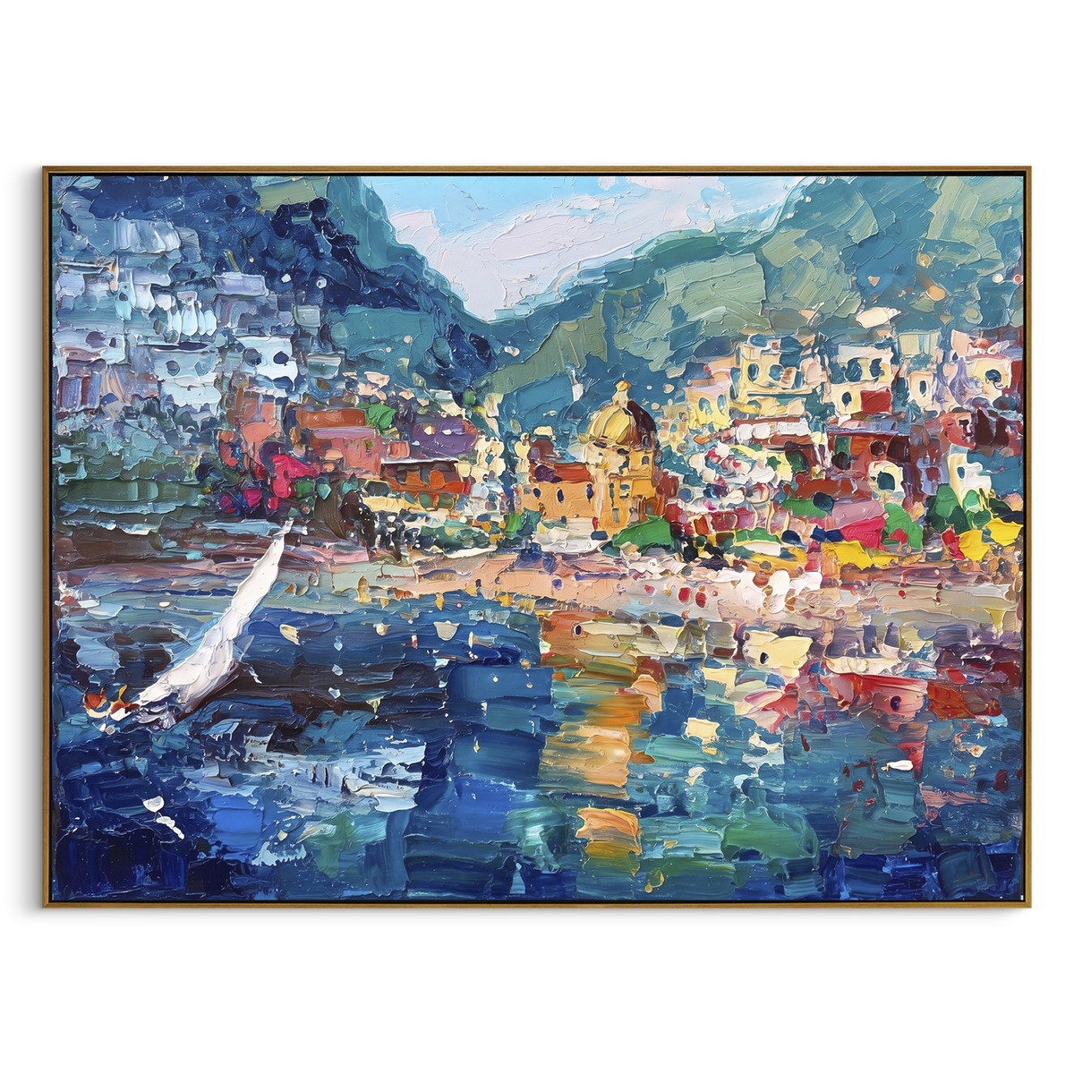 "Sailing Coast Garden Coastal with Blue Shutters Painting" focuses on atmosphere, surface movement, and sculptural heavy impasto craftsmanship rather than a fixed literal storyline. The composition uses this hand-painted Mediterranean canvas features sailboats on a blue bay, flowering terrace, coastal town and luminous summer sky, built with raised palette-knife texture, layered brushwork, and luminous coastal color as the visual anchor, while layered palette-knife paint, raised plaster-like