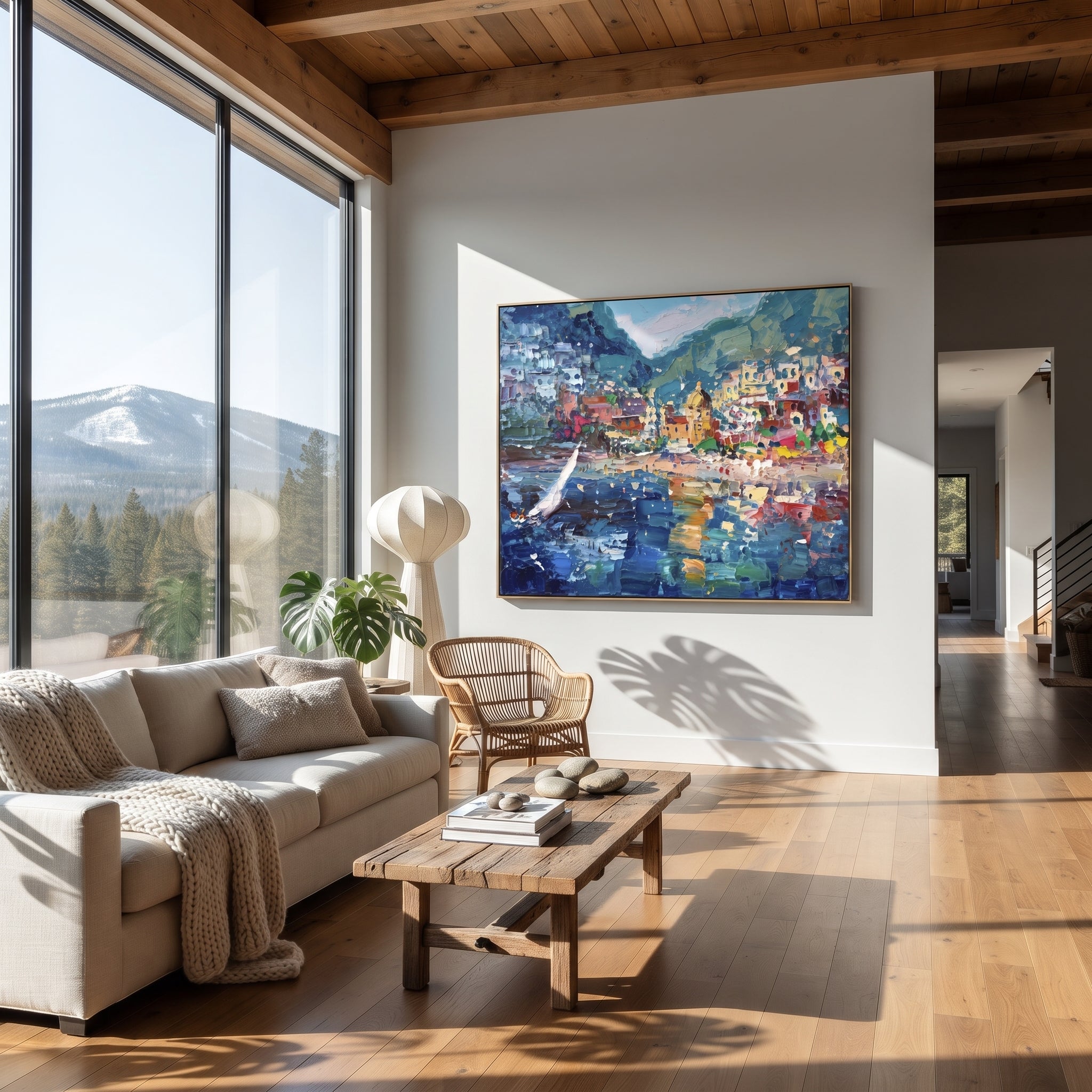 "Sailing Coast Garden Coastal with Blue Shutters Painting" focuses on atmosphere, surface movement, and sculptural heavy impasto craftsmanship rather than a fixed literal storyline. The composition uses this hand-painted Mediterranean canvas features sailboats on a blue bay, flowering terrace, coastal town and luminous summer sky, built with raised palette-knife texture, layered brushwork, and luminous coastal color as the visual anchor, while layered palette-knife paint, raised plaster-like
