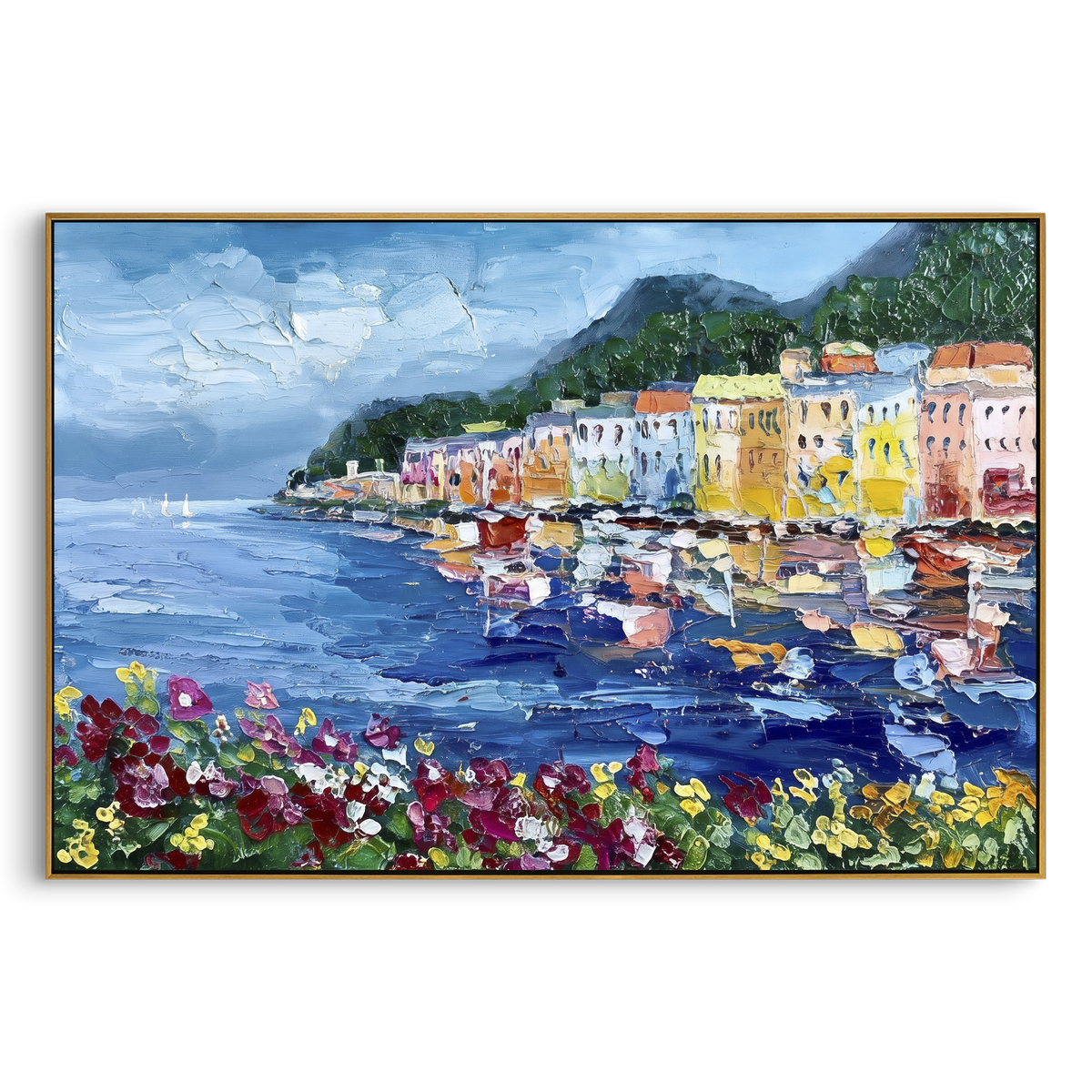 "Flowered Cliff Vista Study Painting" focuses on atmosphere, surface movement, and sculptural heavy impasto craftsmanship rather than a fixed literal storyline. The composition uses this hand-painted Mediterranean canvas features steep coastal cliffs, hillside village, deep blue water, floral foreground, textured sky, built with raised palette-knife texture, layered brushwork, and luminous coastal color as the visual anchor, while layered palette-knife paint, raised plaster-like texture, and
