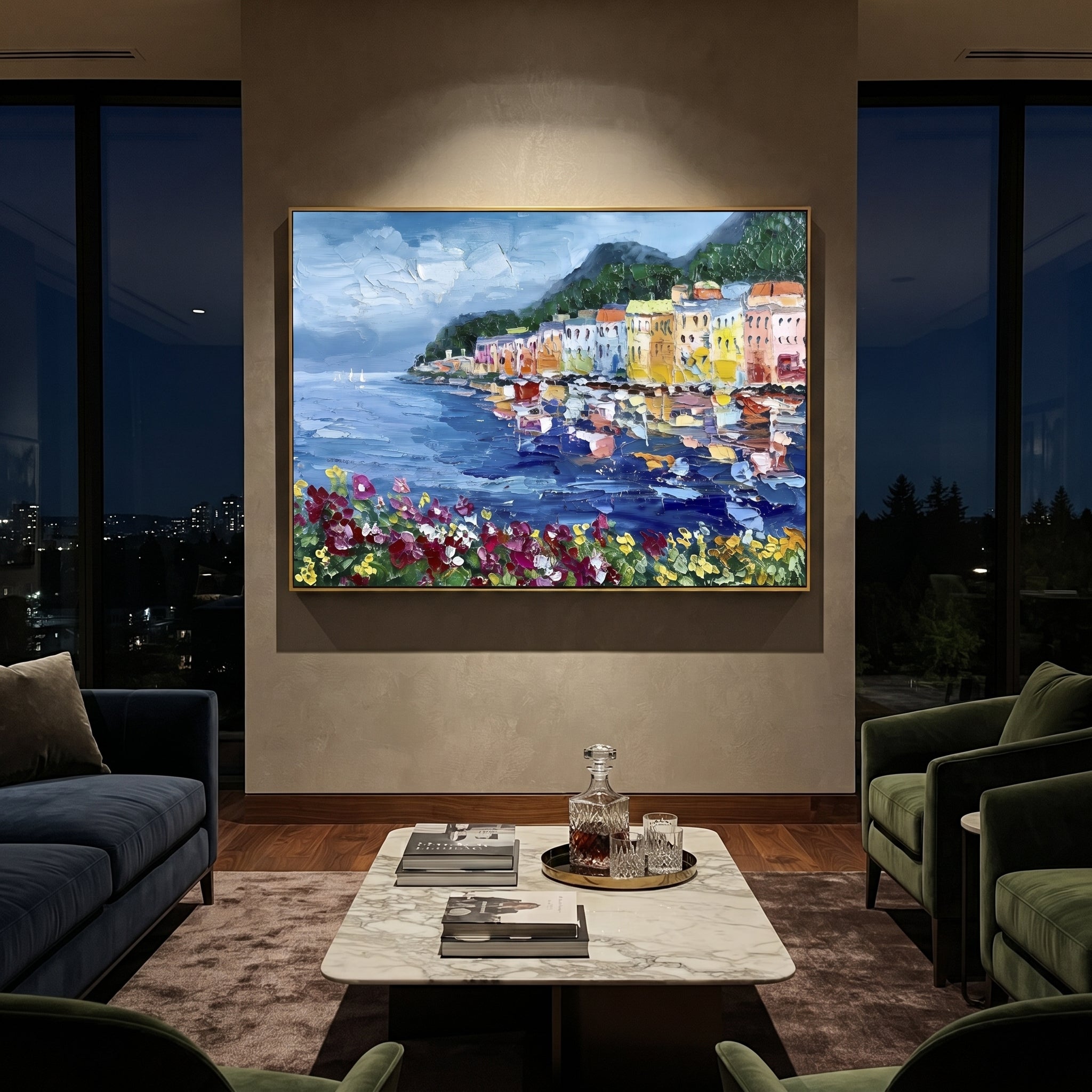 "Flowered Cliff Vista Study Painting" focuses on atmosphere, surface movement, and sculptural heavy impasto craftsmanship rather than a fixed literal storyline. The composition uses this hand-painted Mediterranean canvas features steep coastal cliffs, hillside village, deep blue water, floral foreground, textured sky, built with raised palette-knife texture, layered brushwork, and luminous coastal color as the visual anchor, while layered palette-knife paint, raised plaster-like texture, and