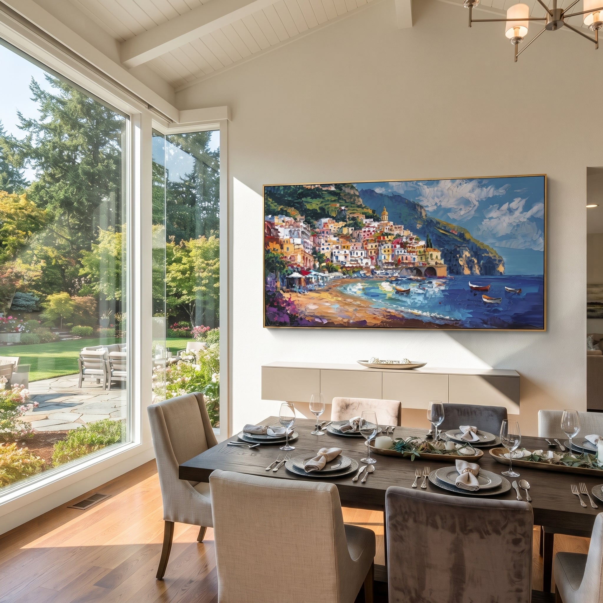 "Harbor Village Reflections Coastal with White Steps Painting" focuses on atmosphere, surface movement, and sculptural heavy impasto craftsmanship rather than a fixed literal storyline. The composition uses this hand-painted Mediterranean canvas features colorful waterfront houses, moored boats, shimmering blue harbor reflections, pastel sky, built with raised palette-knife texture, layered brushwork, and luminous coastal color as the visual anchor, while layered palette-knife paint, raised