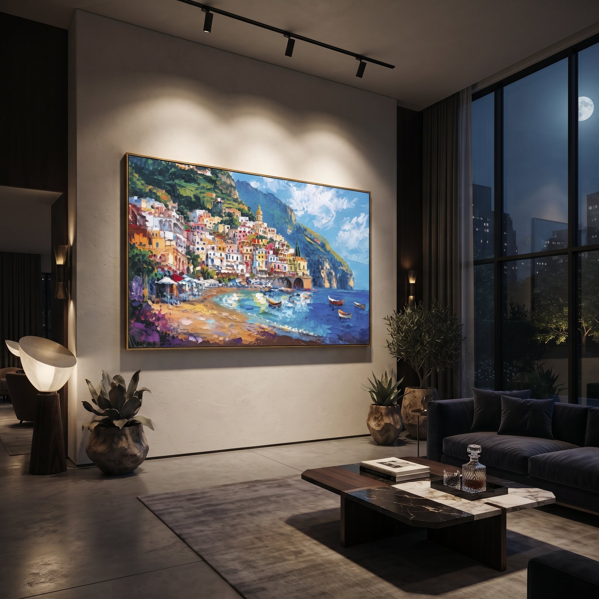 "Harbor Village Reflections Coastal with White Steps Painting" focuses on atmosphere, surface movement, and sculptural heavy impasto craftsmanship rather than a fixed literal storyline. The composition uses this hand-painted Mediterranean canvas features colorful waterfront houses, moored boats, shimmering blue harbor reflections, pastel sky, built with raised palette-knife texture, layered brushwork, and luminous coastal color as the visual anchor, while layered palette-knife paint, raised