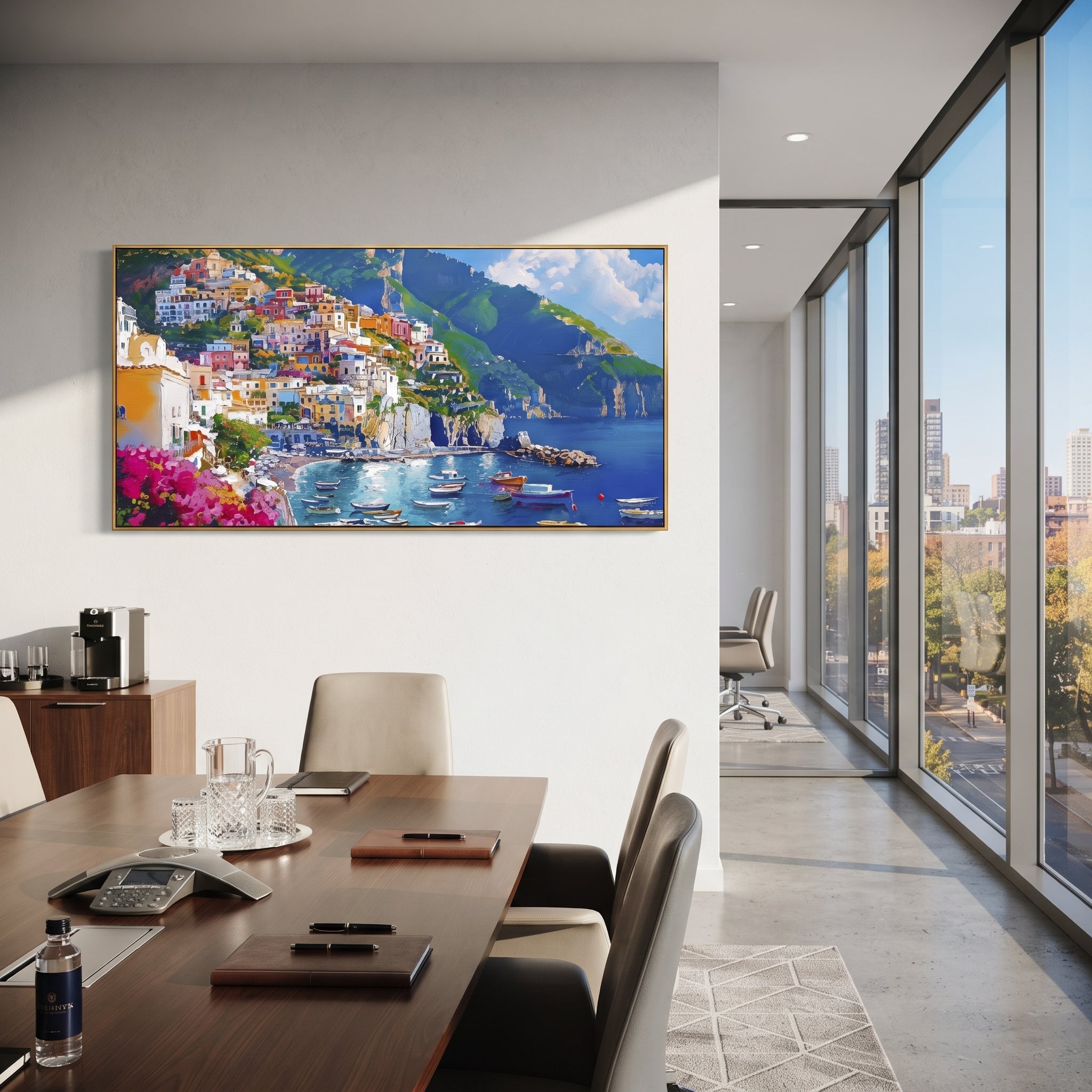 "Harbor Village Reflections Coastal with Bougainvillea Painting" focuses on atmosphere, surface movement, and sculptural heavy impasto craftsmanship rather than a fixed literal storyline. The composition uses this hand-painted Mediterranean canvas features colorful waterfront houses, moored boats, shimmering blue harbor reflections, pastel sky, built with raised palette-knife texture, layered brushwork, and luminous coastal color as the visual anchor, while layered palette-knife paint, raised