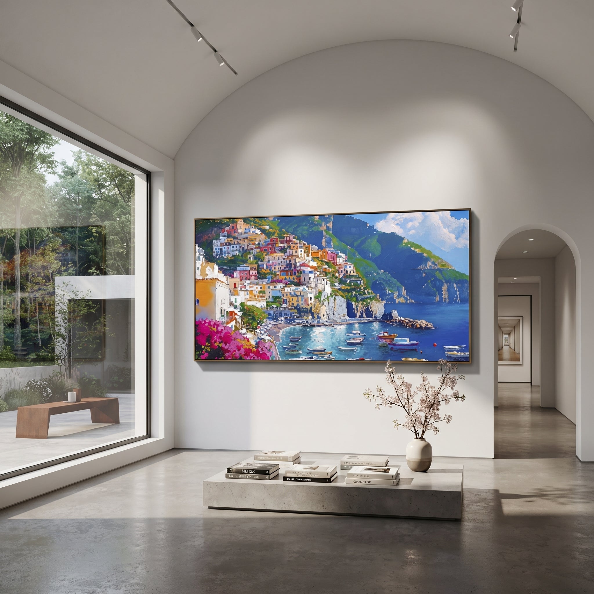 "Harbor Village Reflections Coastal with Bougainvillea Painting" focuses on atmosphere, surface movement, and sculptural heavy impasto craftsmanship rather than a fixed literal storyline. The composition uses this hand-painted Mediterranean canvas features colorful waterfront houses, moored boats, shimmering blue harbor reflections, pastel sky, built with raised palette-knife texture, layered brushwork, and luminous coastal color as the visual anchor, while layered palette-knife paint, raised