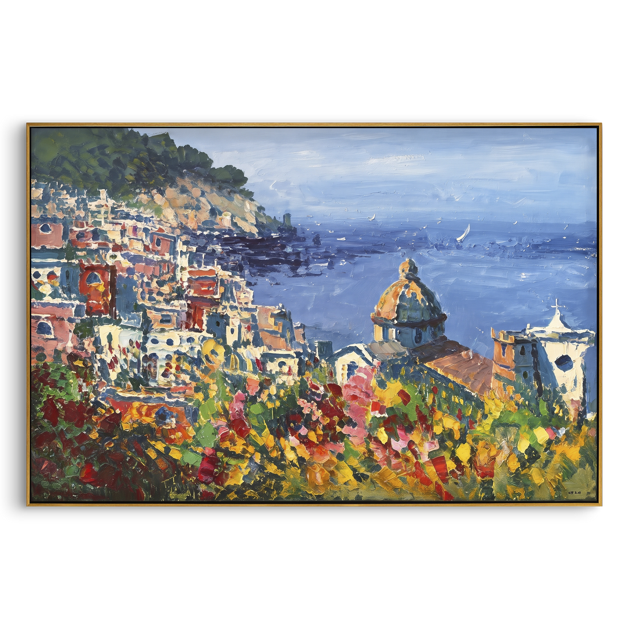"Sailing Coast Garden Coastal with Terracotta Roofs Painting" focuses on atmosphere, surface movement, and sculptural heavy impasto craftsmanship rather than a fixed literal storyline. The composition uses this hand-painted Mediterranean canvas features sailboats on a blue bay, flowering terrace, coastal town and luminous summer sky, built with raised palette-knife texture, layered brushwork, and luminous coastal color as the visual anchor, while layered palette-knife paint, raised plaster-like