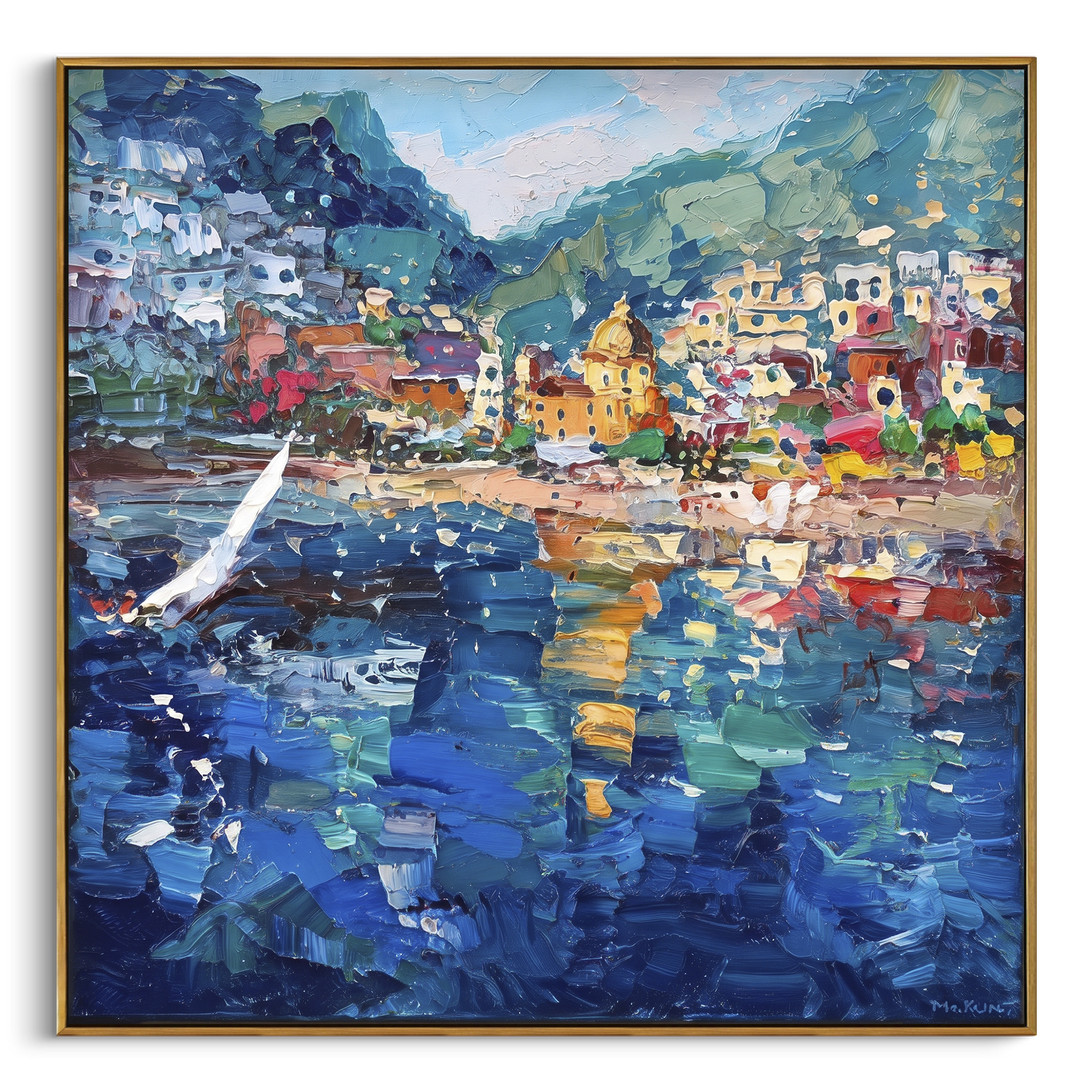"Harbor Village Reflections Coastal with Lemon Trees Painting" focuses on atmosphere, surface movement, and sculptural heavy impasto craftsmanship rather than a fixed literal storyline. The composition uses this hand-painted Mediterranean canvas features colorful waterfront houses, moored boats, shimmering blue harbor reflections, pastel sky, built with raised palette-knife texture, layered brushwork, and luminous coastal color as the visual anchor, while layered palette-knife paint, raised