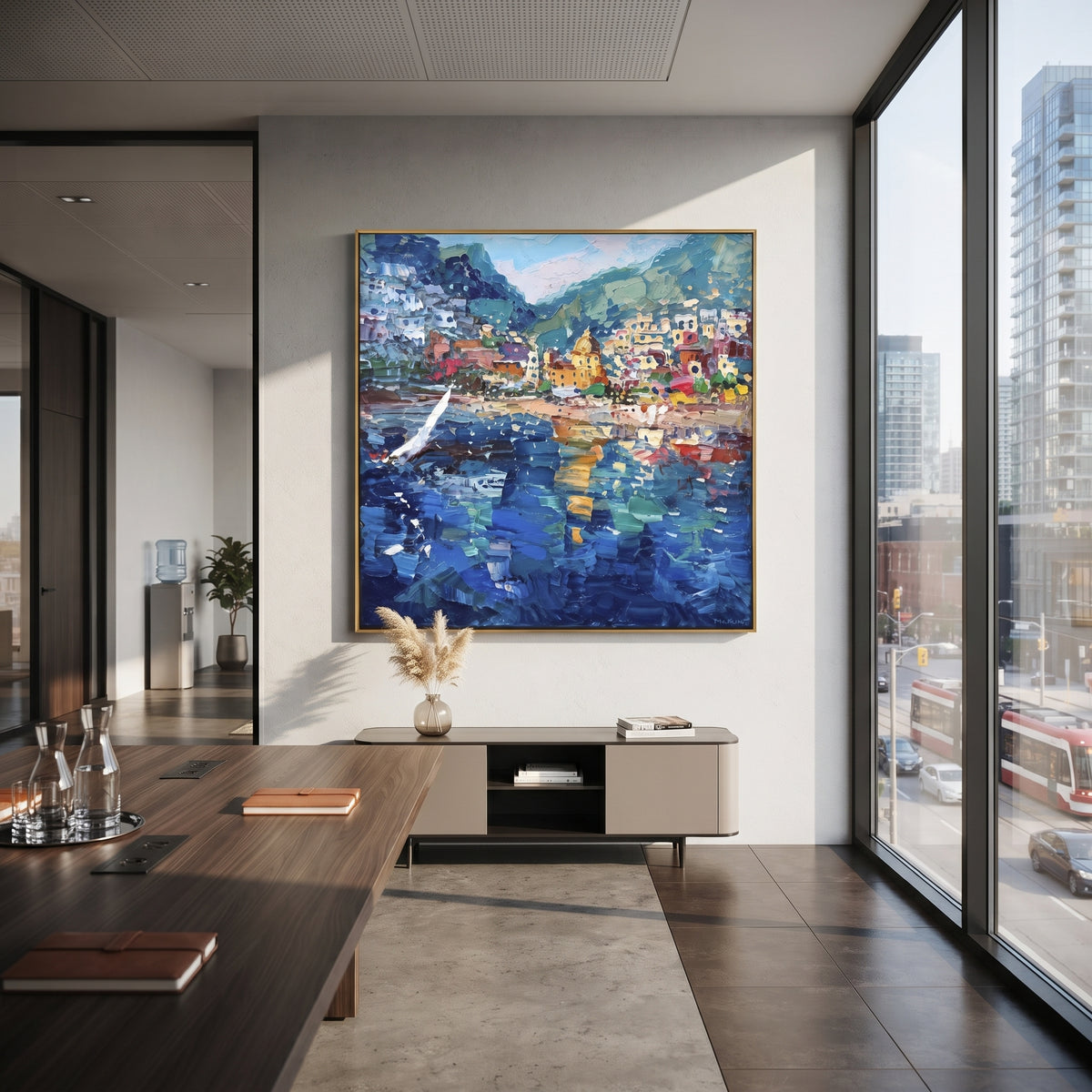 "Harbor Village Reflections Coastal with Lemon Trees Painting" focuses on atmosphere, surface movement, and sculptural heavy impasto craftsmanship rather than a fixed literal storyline. The composition uses this hand-painted Mediterranean canvas features colorful waterfront houses, moored boats, shimmering blue harbor reflections, pastel sky, built with raised palette-knife texture, layered brushwork, and luminous coastal color as the visual anchor, while layered palette-knife paint, raised