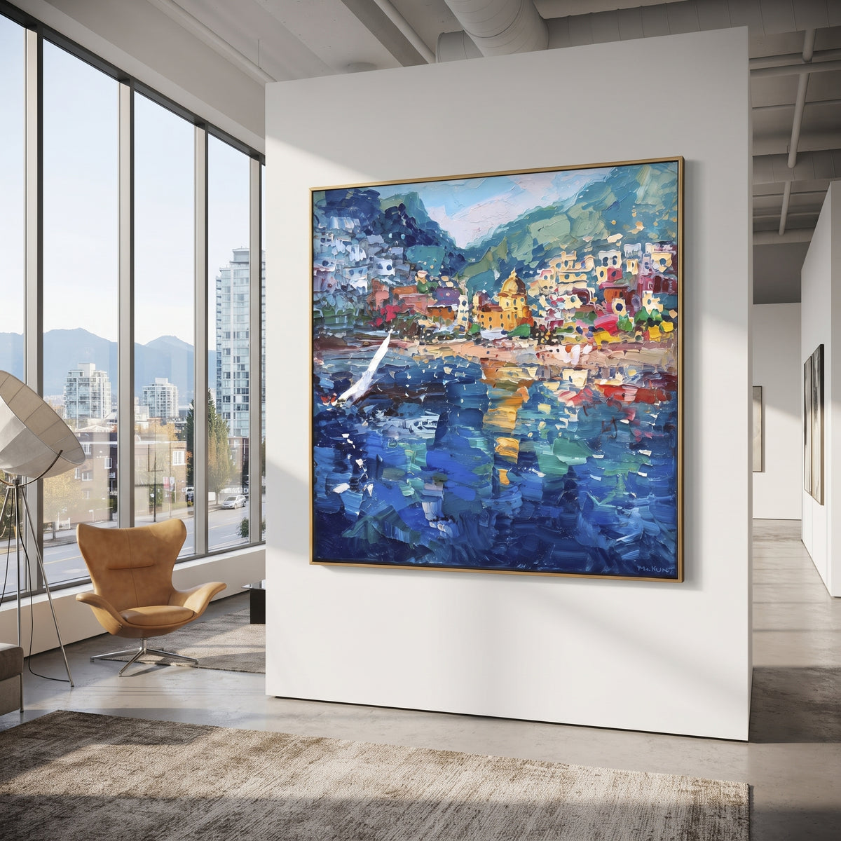 "Harbor Village Reflections Coastal with Lemon Trees Painting" focuses on atmosphere, surface movement, and sculptural heavy impasto craftsmanship rather than a fixed literal storyline. The composition uses this hand-painted Mediterranean canvas features colorful waterfront houses, moored boats, shimmering blue harbor reflections, pastel sky, built with raised palette-knife texture, layered brushwork, and luminous coastal color as the visual anchor, while layered palette-knife paint, raised