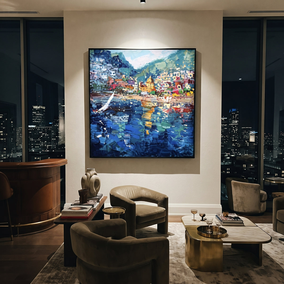 "Harbor Village Reflections Coastal with Lemon Trees Painting" focuses on atmosphere, surface movement, and sculptural heavy impasto craftsmanship rather than a fixed literal storyline. The composition uses this hand-painted Mediterranean canvas features colorful waterfront houses, moored boats, shimmering blue harbor reflections, pastel sky, built with raised palette-knife texture, layered brushwork, and luminous coastal color as the visual anchor, while layered palette-knife paint, raised
