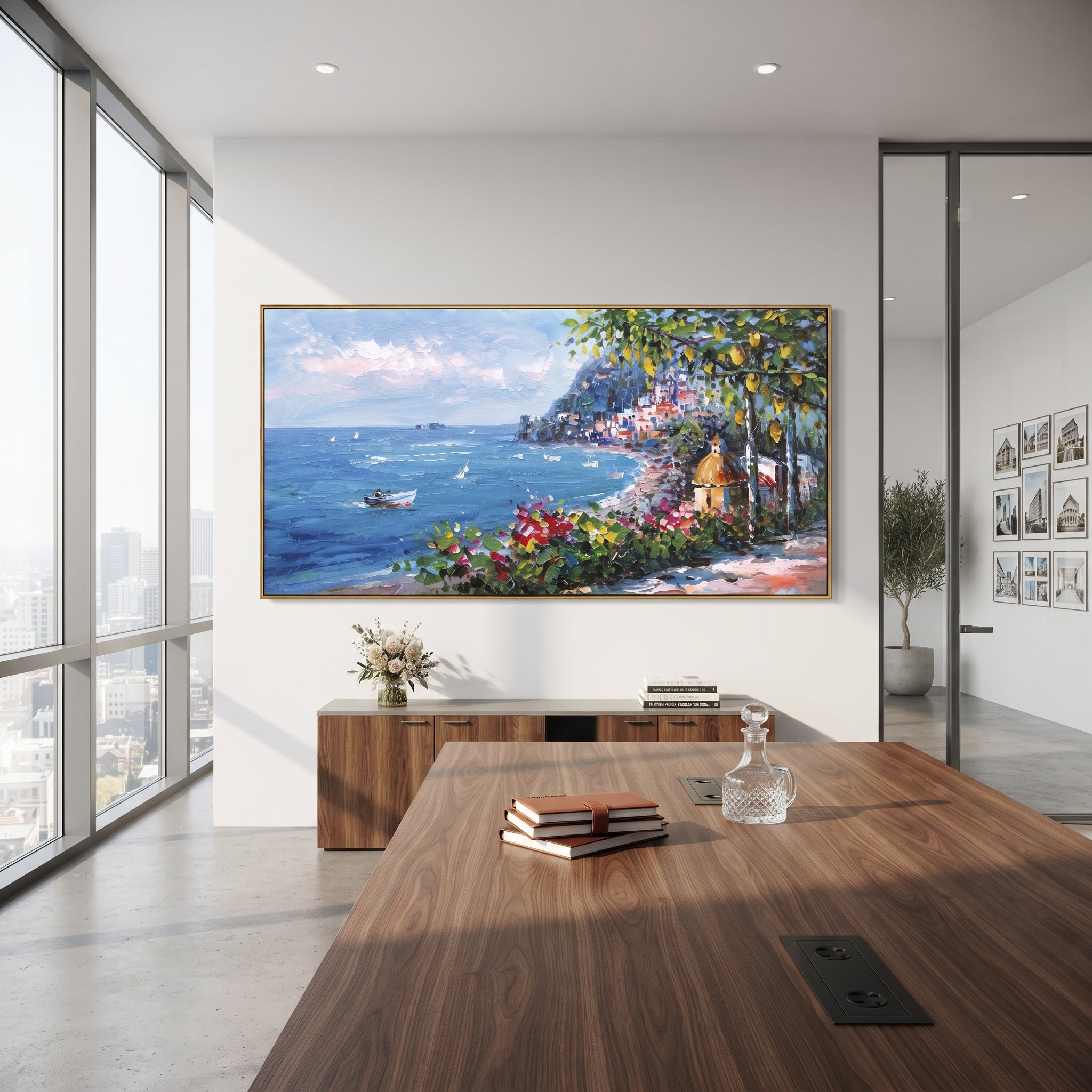 "Harbor Village Reflections Coastal with Blue Shutters Painting" focuses on atmosphere, surface movement, and sculptural heavy impasto craftsmanship rather than a fixed literal storyline. The composition uses this hand-painted Mediterranean canvas features colorful waterfront houses, moored boats, shimmering blue harbor reflections, pastel sky, built with raised palette-knife texture, layered brushwork, and luminous coastal color as the visual anchor, while layered palette-knife paint, raised