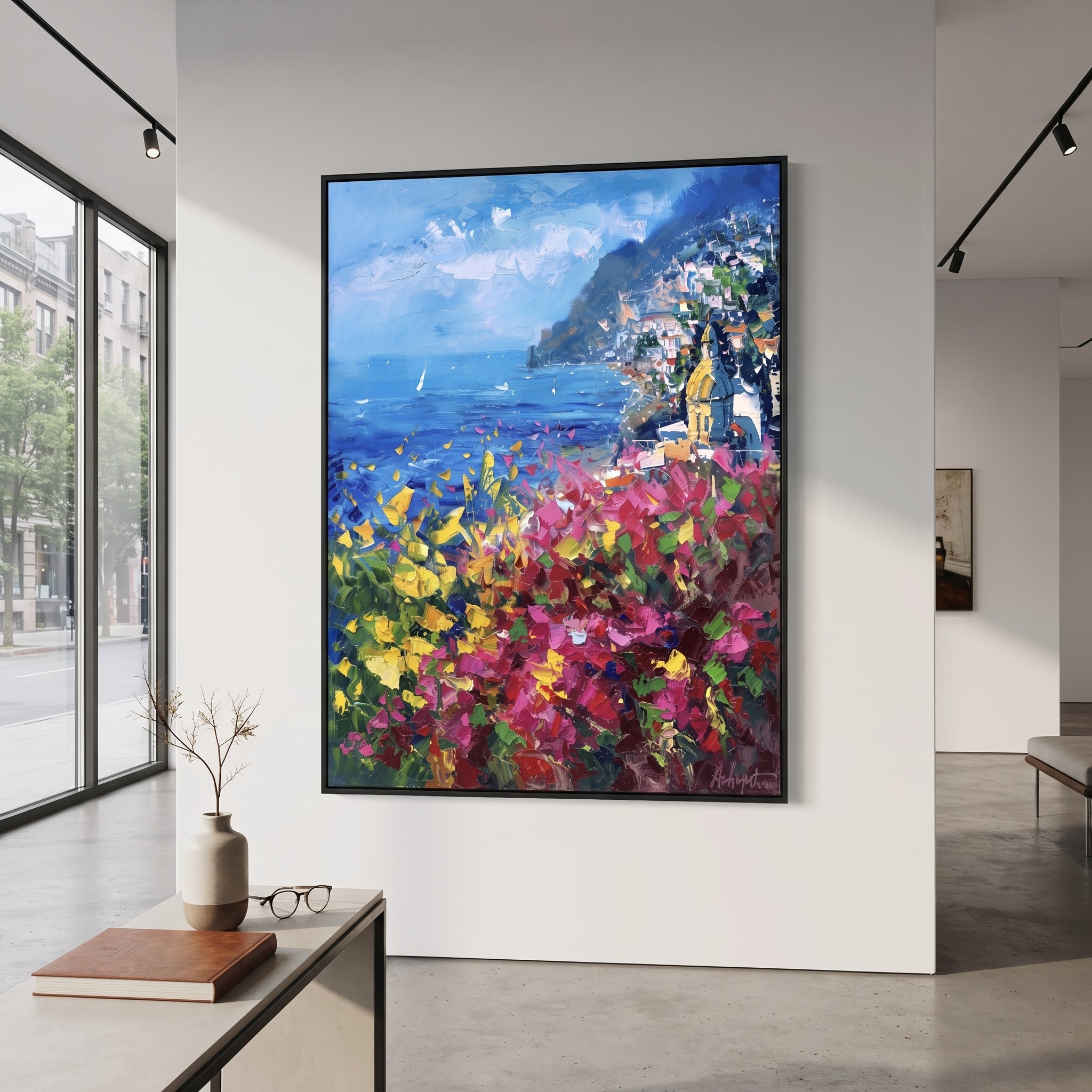 "Mediterranean Cliff View Study Painting" focuses on atmosphere, surface movement, and sculptural heavy impasto craftsmanship rather than a fixed literal storyline. The composition uses this hand-painted Mediterranean canvas features steep coastal cliffs, hillside village, deep blue water, floral foreground, textured sky, built with raised palette-knife texture, layered brushwork, and luminous coastal color as the visual anchor, while layered palette-knife paint, raised plaster-like texture, and