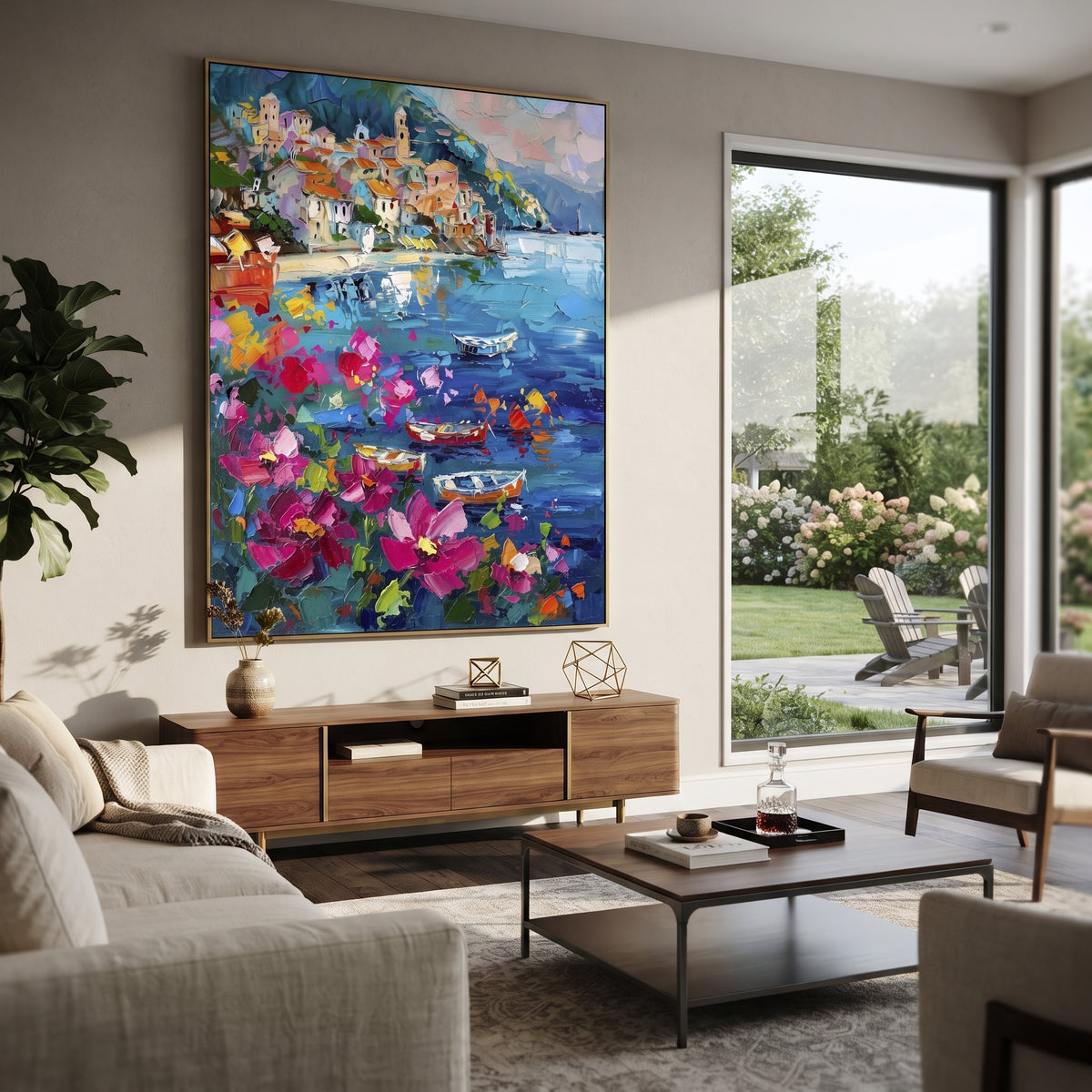 "Potted Flower Alley Painting" focuses on atmosphere, surface movement, and sculptural heavy impasto craftsmanship rather than a fixed literal storyline. The composition uses this hand-painted Mediterranean canvas features white Mediterranean alley, terracotta roofs, potted flowers, distant sea and mountain light, built with raised palette-knife texture, layered brushwork, and luminous coastal color as the visual anchor, while layered palette-knife paint, raised plaster-like texture, and