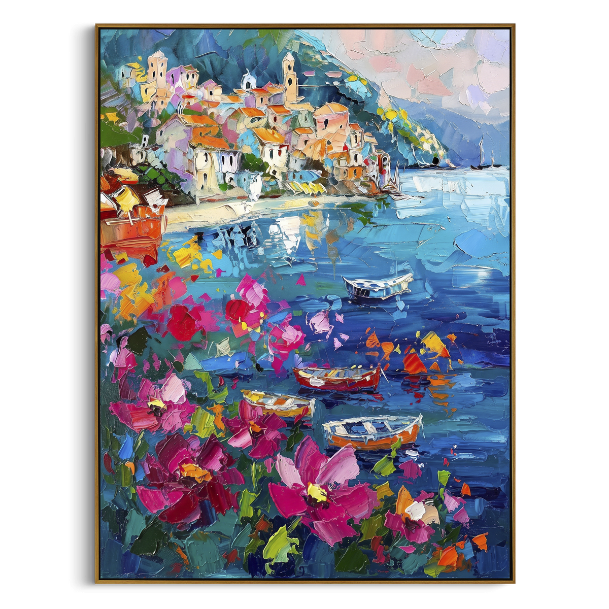 "Potted Flower Alley Painting" focuses on atmosphere, surface movement, and sculptural heavy impasto craftsmanship rather than a fixed literal storyline. The composition uses this hand-painted Mediterranean canvas features white Mediterranean alley, terracotta roofs, potted flowers, distant sea and mountain light, built with raised palette-knife texture, layered brushwork, and luminous coastal color as the visual anchor, while layered palette-knife paint, raised plaster-like texture, and