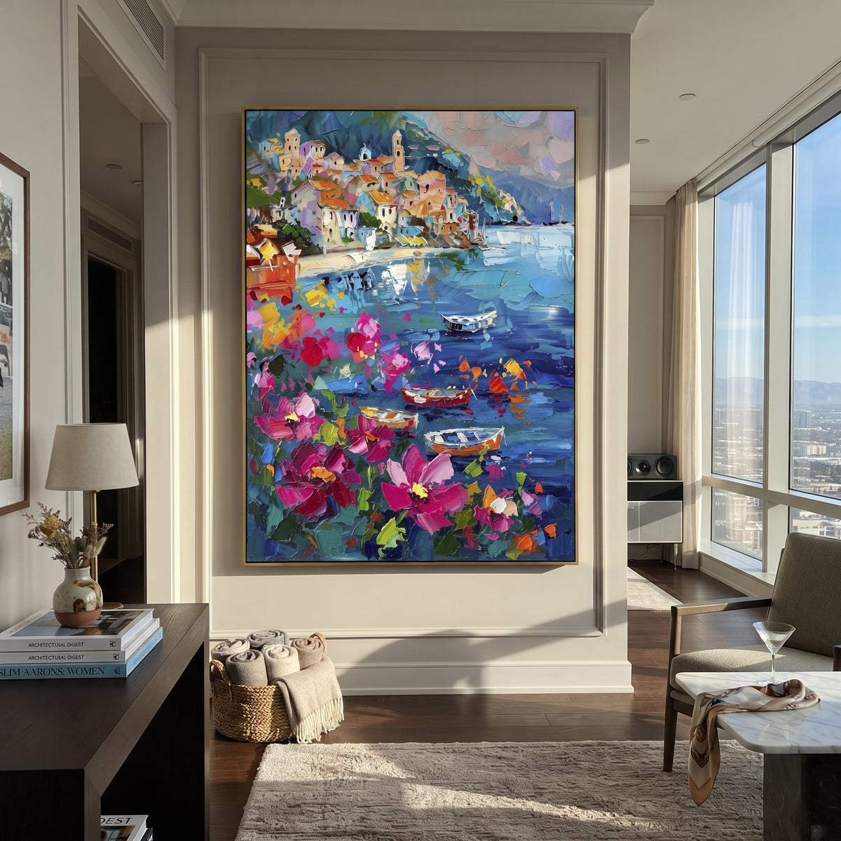 "Potted Flower Alley Painting" focuses on atmosphere, surface movement, and sculptural heavy impasto craftsmanship rather than a fixed literal storyline. The composition uses this hand-painted Mediterranean canvas features white Mediterranean alley, terracotta roofs, potted flowers, distant sea and mountain light, built with raised palette-knife texture, layered brushwork, and luminous coastal color as the visual anchor, while layered palette-knife paint, raised plaster-like texture, and