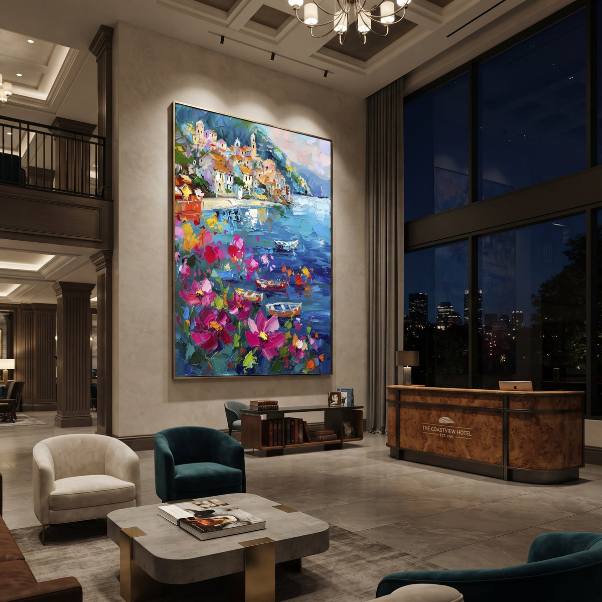 "Potted Flower Alley Painting" focuses on atmosphere, surface movement, and sculptural heavy impasto craftsmanship rather than a fixed literal storyline. The composition uses this hand-painted Mediterranean canvas features white Mediterranean alley, terracotta roofs, potted flowers, distant sea and mountain light, built with raised palette-knife texture, layered brushwork, and luminous coastal color as the visual anchor, while layered palette-knife paint, raised plaster-like texture, and