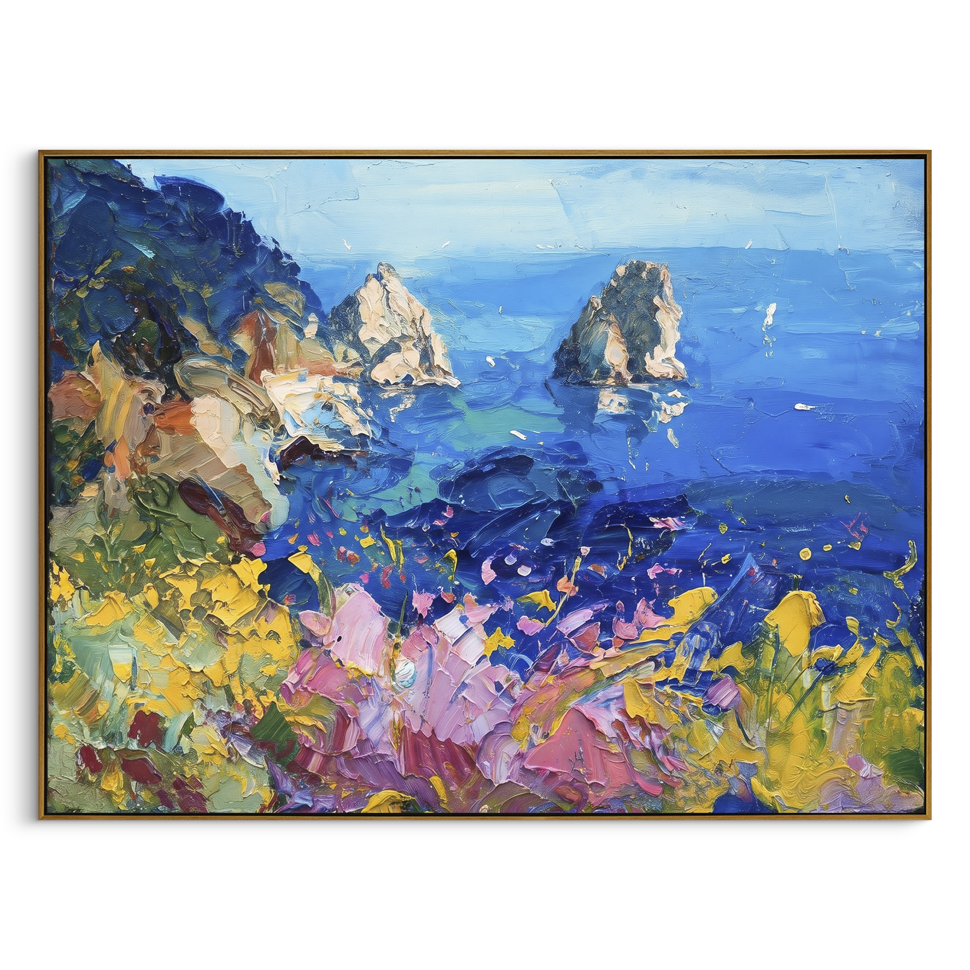 "Sailing Coast Garden Coastal with Harbor Boats Painting" focuses on atmosphere, surface movement, and sculptural heavy impasto craftsmanship rather than a fixed literal storyline. The composition uses this hand-painted Mediterranean canvas features sailboats on a blue bay, flowering terrace, coastal town and luminous summer sky, built with raised palette-knife texture, layered brushwork, and luminous coastal color as the visual anchor, while layered palette-knife paint, raised plaster-like