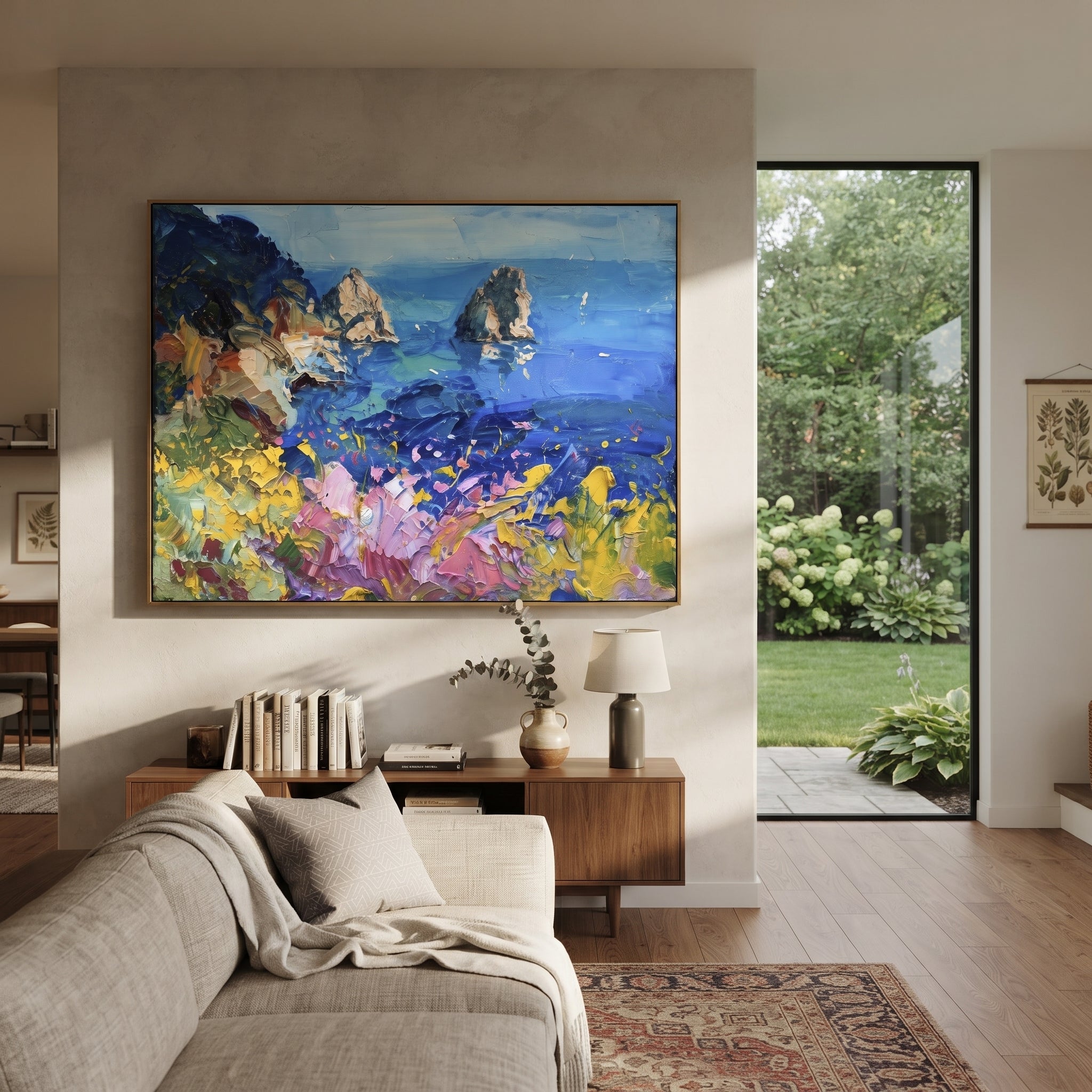 "Sailing Coast Garden Coastal with Harbor Boats Painting" focuses on atmosphere, surface movement, and sculptural heavy impasto craftsmanship rather than a fixed literal storyline. The composition uses this hand-painted Mediterranean canvas features sailboats on a blue bay, flowering terrace, coastal town and luminous summer sky, built with raised palette-knife texture, layered brushwork, and luminous coastal color as the visual anchor, while layered palette-knife paint, raised plaster-like