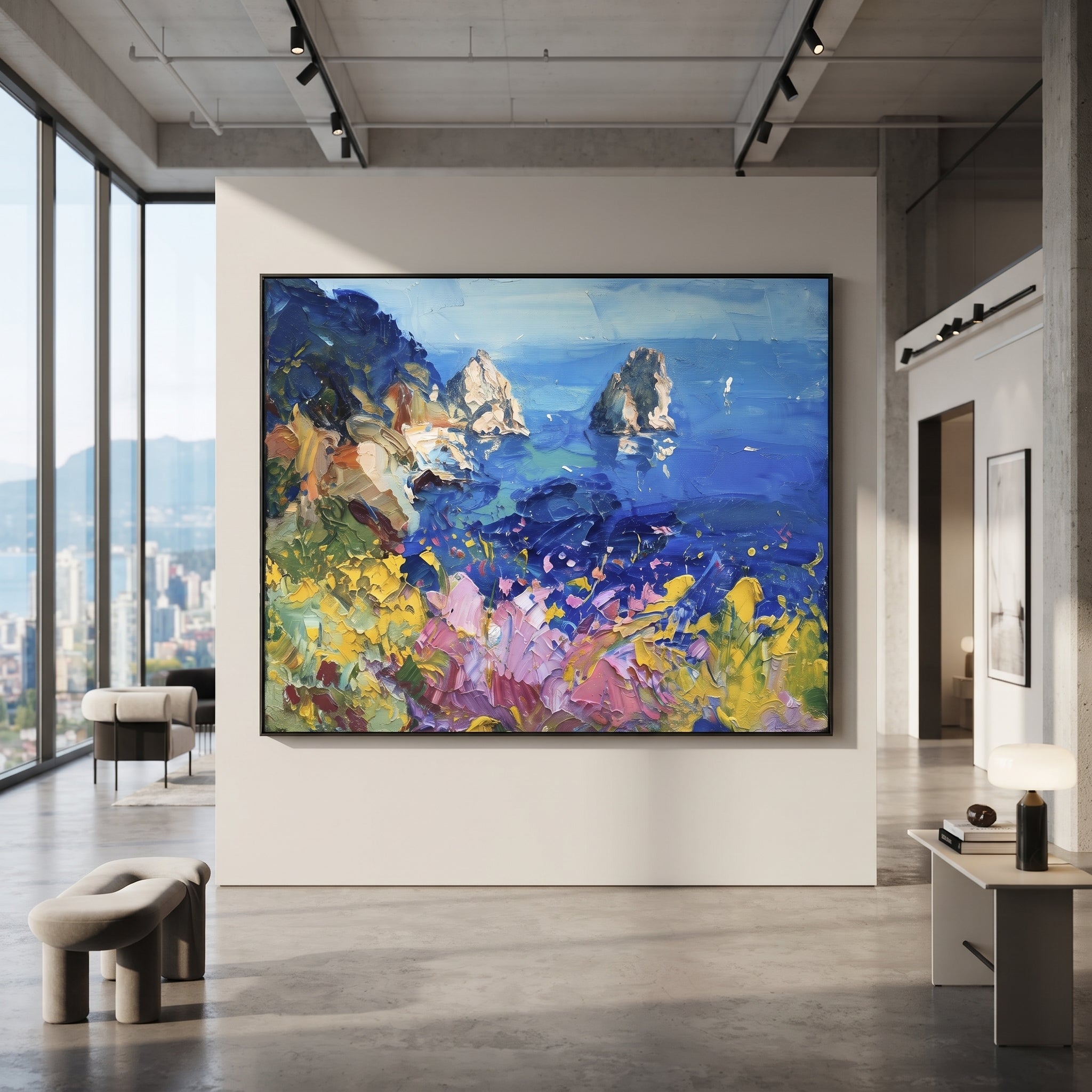 "Sailing Coast Garden Coastal with Harbor Boats Painting" focuses on atmosphere, surface movement, and sculptural heavy impasto craftsmanship rather than a fixed literal storyline. The composition uses this hand-painted Mediterranean canvas features sailboats on a blue bay, flowering terrace, coastal town and luminous summer sky, built with raised palette-knife texture, layered brushwork, and luminous coastal color as the visual anchor, while layered palette-knife paint, raised plaster-like