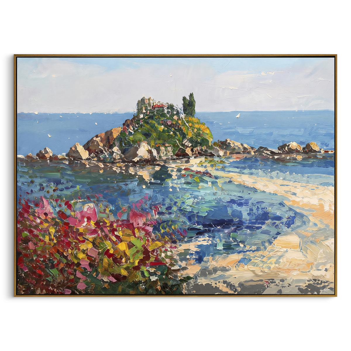 "Rocky Coast Village Study Painting" focuses on atmosphere, surface movement, and sculptural heavy impasto craftsmanship rather than a fixed literal storyline. The composition uses this hand-painted Mediterranean canvas features steep coastal cliffs, hillside village, deep blue water, floral foreground, textured sky, built with raised palette-knife texture, layered brushwork, and luminous coastal color as the visual anchor, while layered palette-knife paint, raised plaster-like texture, and