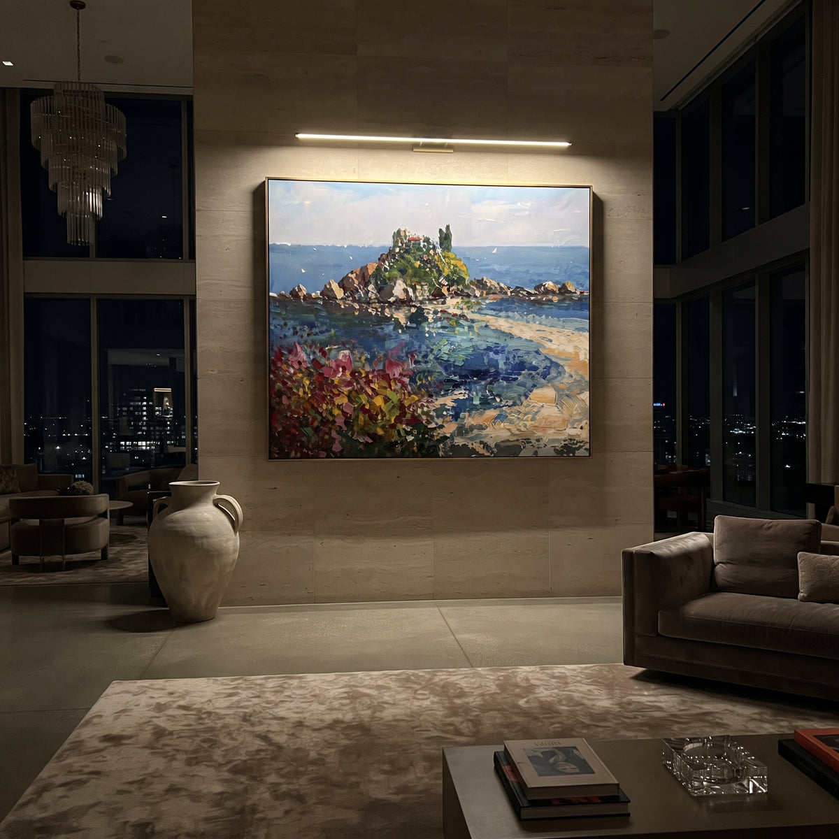 "Rocky Coast Village Study Painting" focuses on atmosphere, surface movement, and sculptural heavy impasto craftsmanship rather than a fixed literal storyline. The composition uses this hand-painted Mediterranean canvas features steep coastal cliffs, hillside village, deep blue water, floral foreground, textured sky, built with raised palette-knife texture, layered brushwork, and luminous coastal color as the visual anchor, while layered palette-knife paint, raised plaster-like texture, and