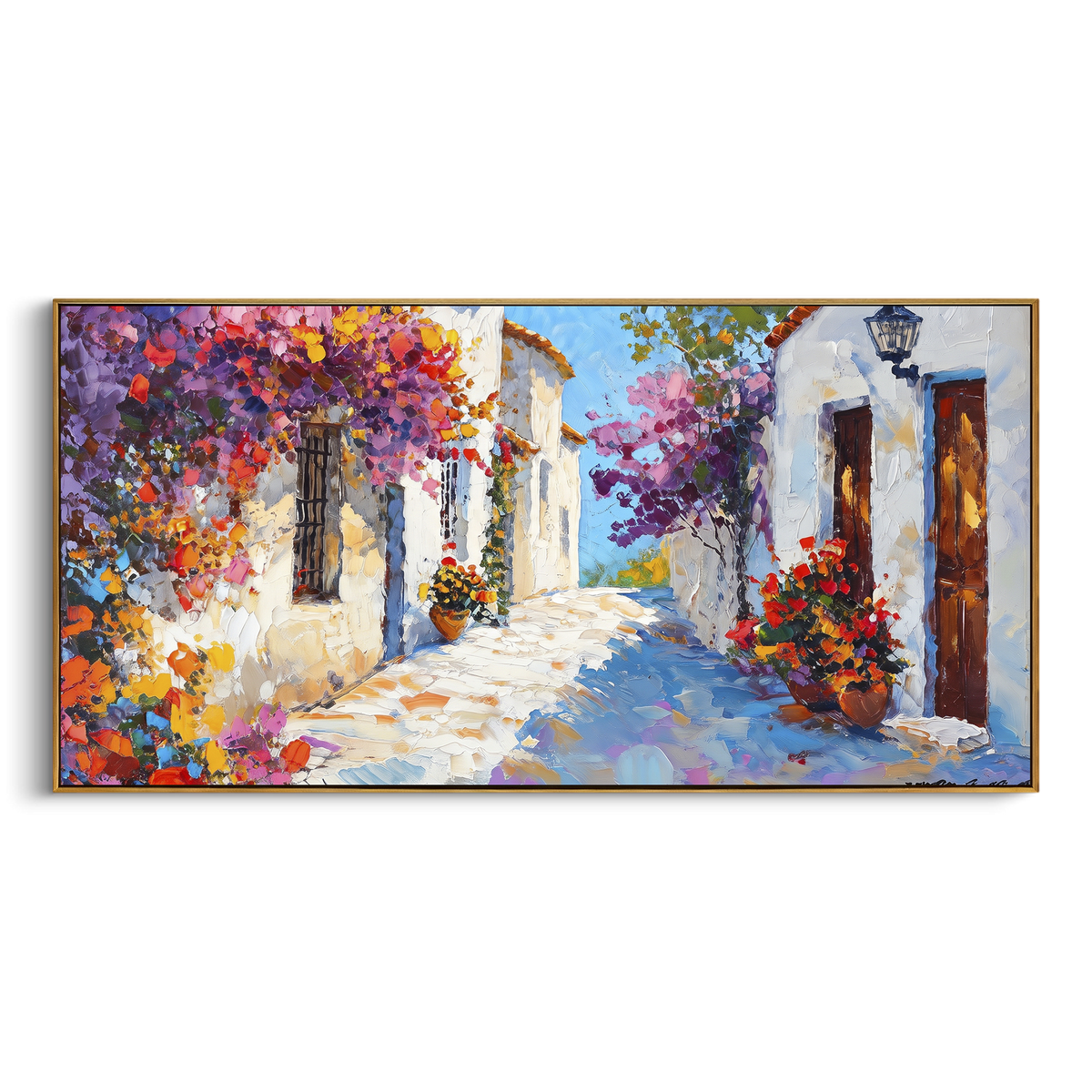 "Seaside Courtyard Painting" focuses on atmosphere, surface movement, and sculptural heavy impasto craftsmanship rather than a fixed literal storyline. The composition uses this hand-painted Mediterranean canvas features white stucco terrace, blue doors, potted blooms, open view toward the Mediterranean, built with raised palette-knife texture, layered brushwork, and luminous coastal color as the visual anchor, while layered palette-knife paint, raised plaster-like texture, and softened brush