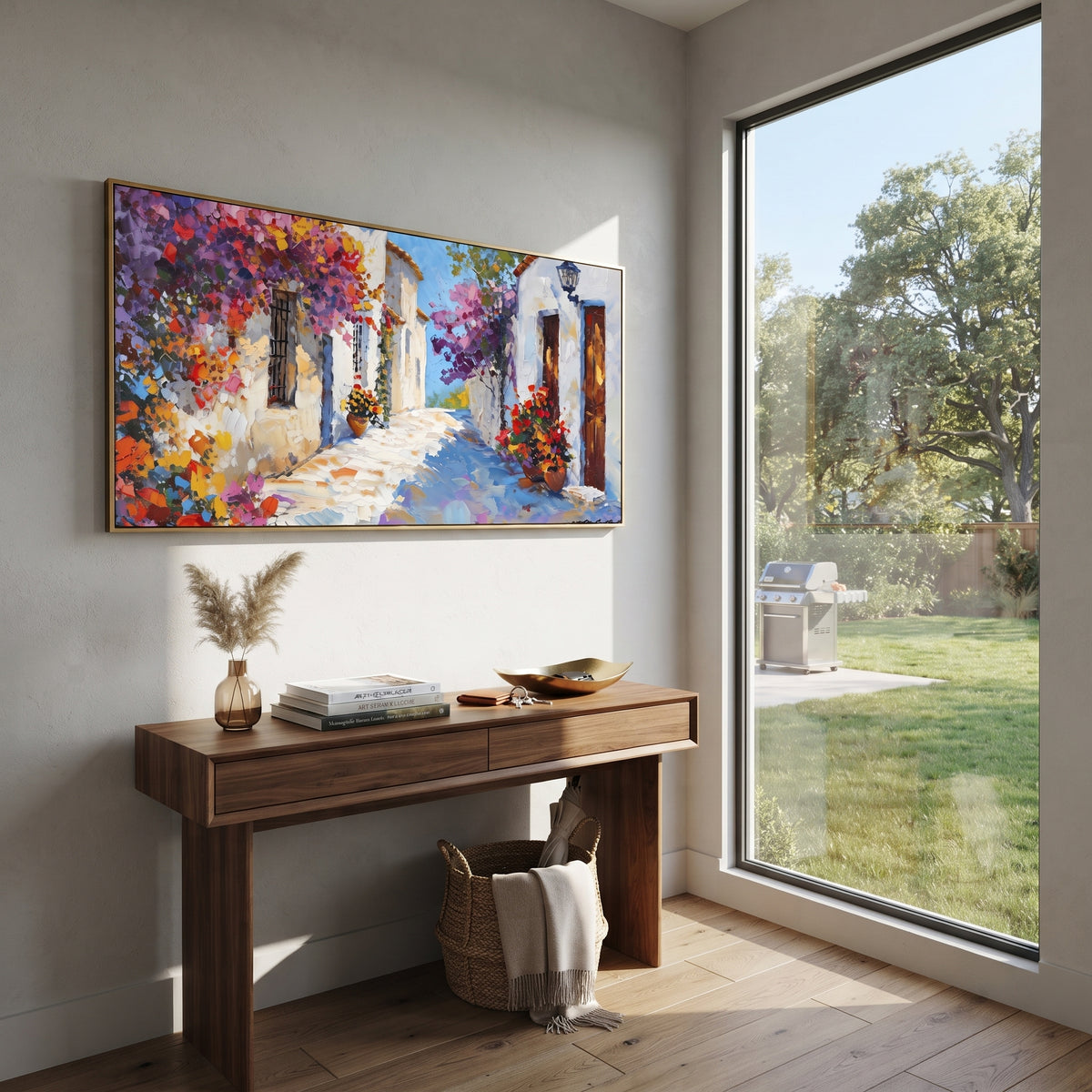 "Seaside Courtyard Painting" focuses on atmosphere, surface movement, and sculptural heavy impasto craftsmanship rather than a fixed literal storyline. The composition uses this hand-painted Mediterranean canvas features white stucco terrace, blue doors, potted blooms, open view toward the Mediterranean, built with raised palette-knife texture, layered brushwork, and luminous coastal color as the visual anchor, while layered palette-knife paint, raised plaster-like texture, and softened brush