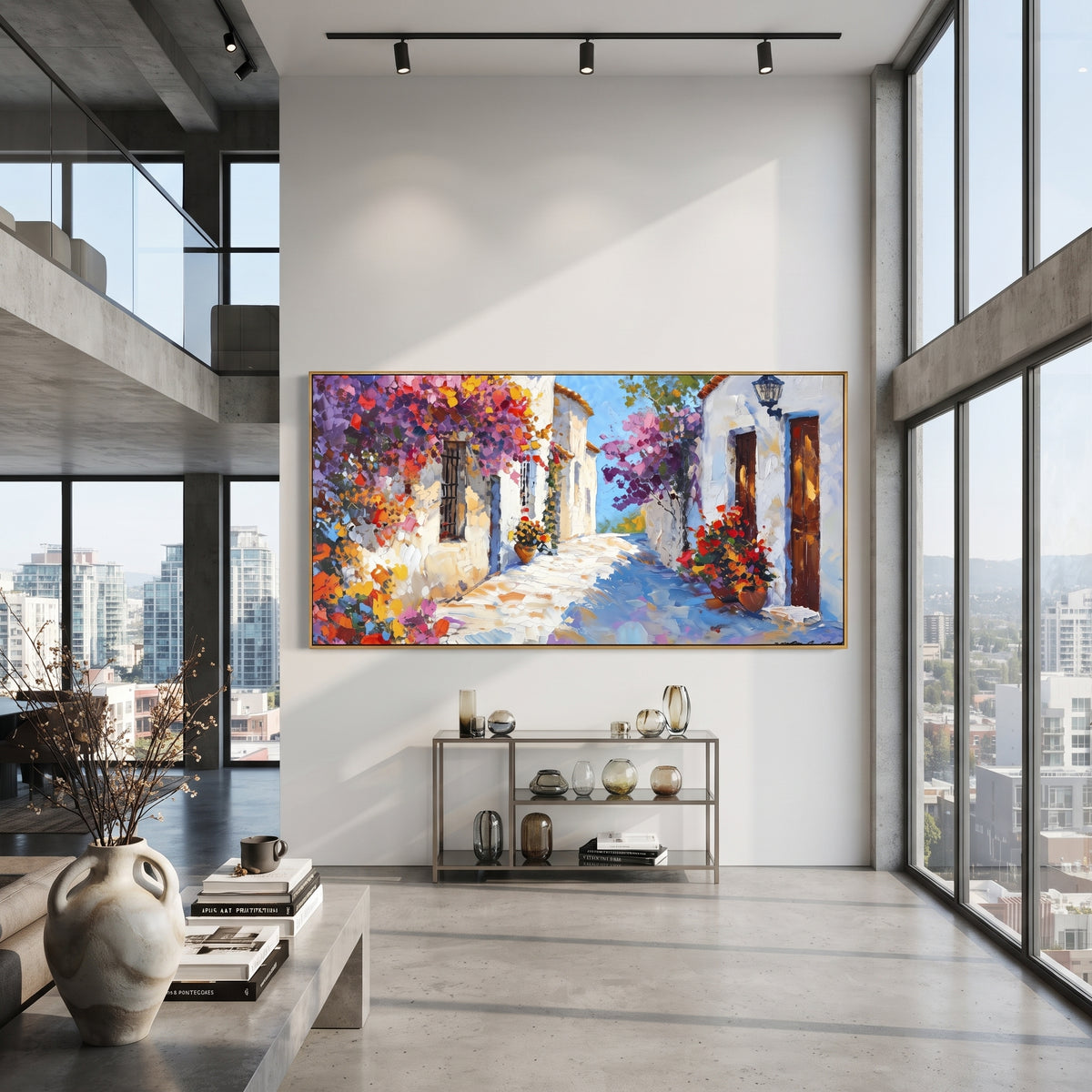 "Seaside Courtyard Painting" focuses on atmosphere, surface movement, and sculptural heavy impasto craftsmanship rather than a fixed literal storyline. The composition uses this hand-painted Mediterranean canvas features white stucco terrace, blue doors, potted blooms, open view toward the Mediterranean, built with raised palette-knife texture, layered brushwork, and luminous coastal color as the visual anchor, while layered palette-knife paint, raised plaster-like texture, and softened brush
