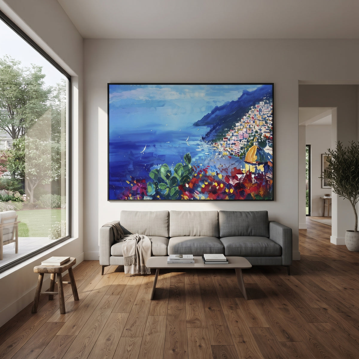 "Cliffside Coastal Vista Coastal Painting" focuses on atmosphere, surface movement, and sculptural heavy impasto craftsmanship rather than a fixed literal storyline. The composition uses this hand-painted Mediterranean canvas features steep coastal cliffs, hillside village, deep blue water, floral foreground, textured sky, built with raised palette-knife texture, layered brushwork, and luminous coastal color as the visual anchor, while layered palette-knife paint, raised plaster-like texture