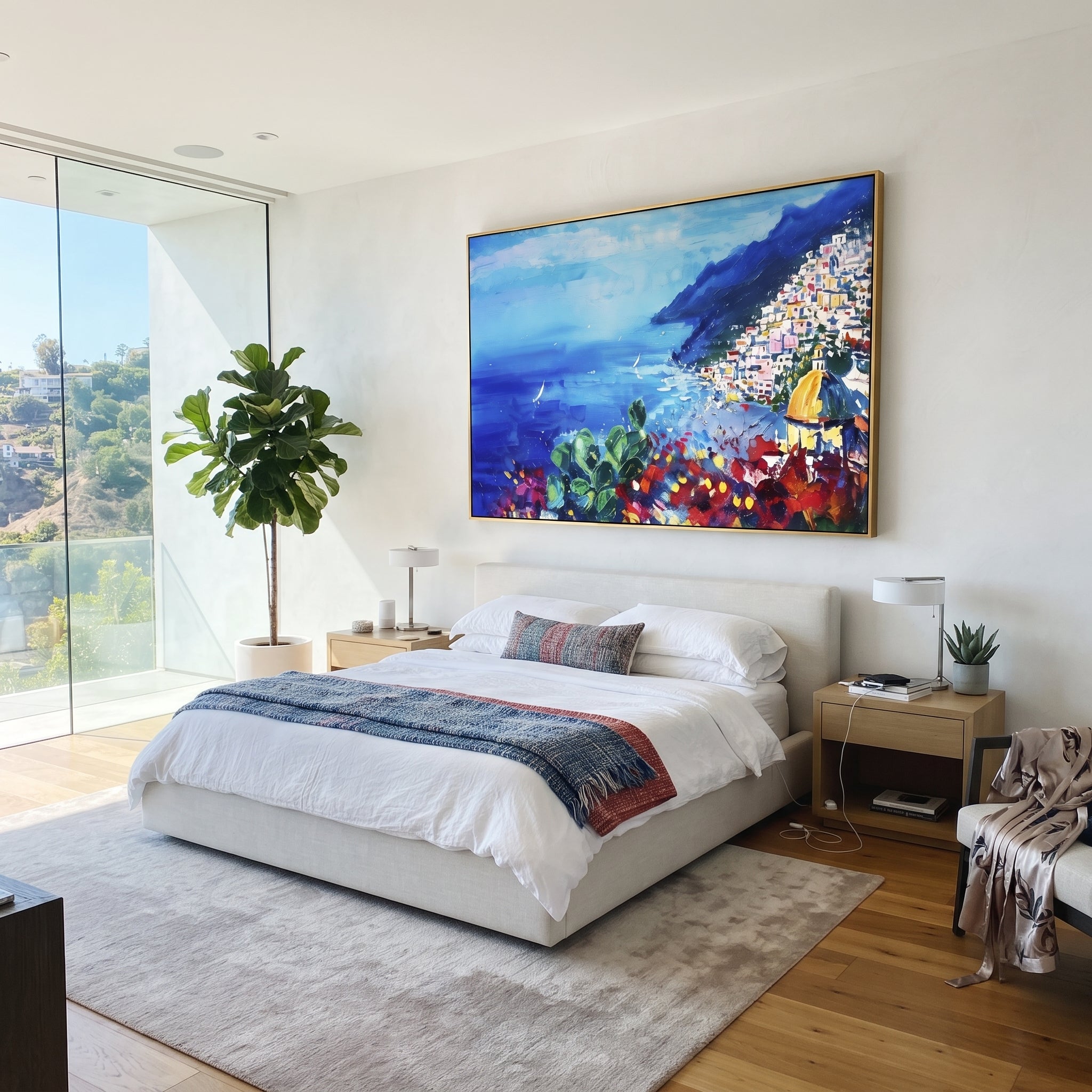 "Cliffside Coastal Vista Coastal Painting" focuses on atmosphere, surface movement, and sculptural heavy impasto craftsmanship rather than a fixed literal storyline. The composition uses this hand-painted Mediterranean canvas features steep coastal cliffs, hillside village, deep blue water, floral foreground, textured sky, built with raised palette-knife texture, layered brushwork, and luminous coastal color as the visual anchor, while layered palette-knife paint, raised plaster-like texture