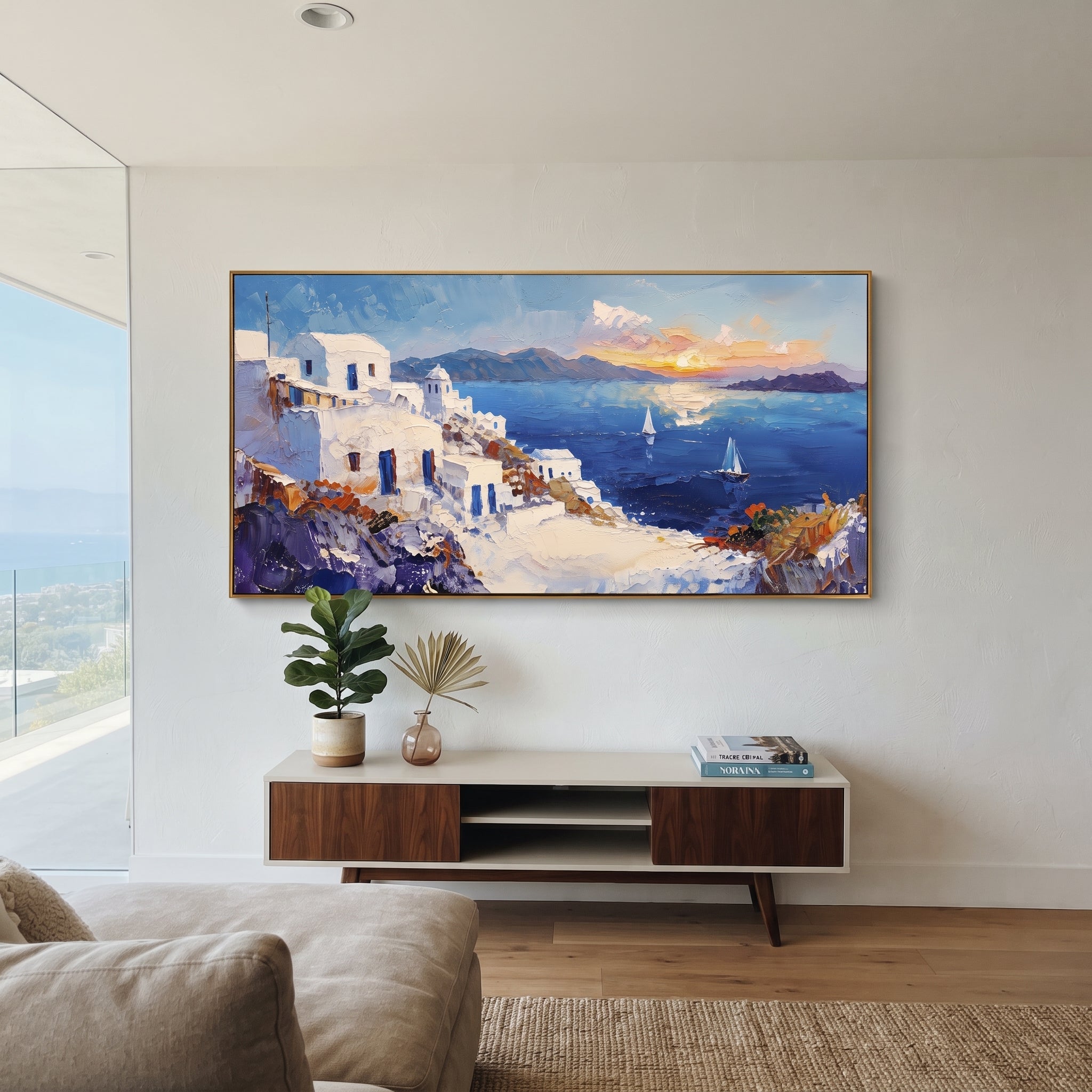 "Warm Coastal Sunset Painting" focuses on atmosphere, surface movement, and sculptural heavy impasto craftsmanship rather than a fixed literal storyline. The composition uses this hand-painted Mediterranean canvas features warm sunset over the coast, stone steps, boats, cliff village and orange light, built with raised palette-knife texture, layered brushwork, and luminous coastal color as the visual anchor, while layered palette-knife paint, raised plaster-like texture, and softened brush