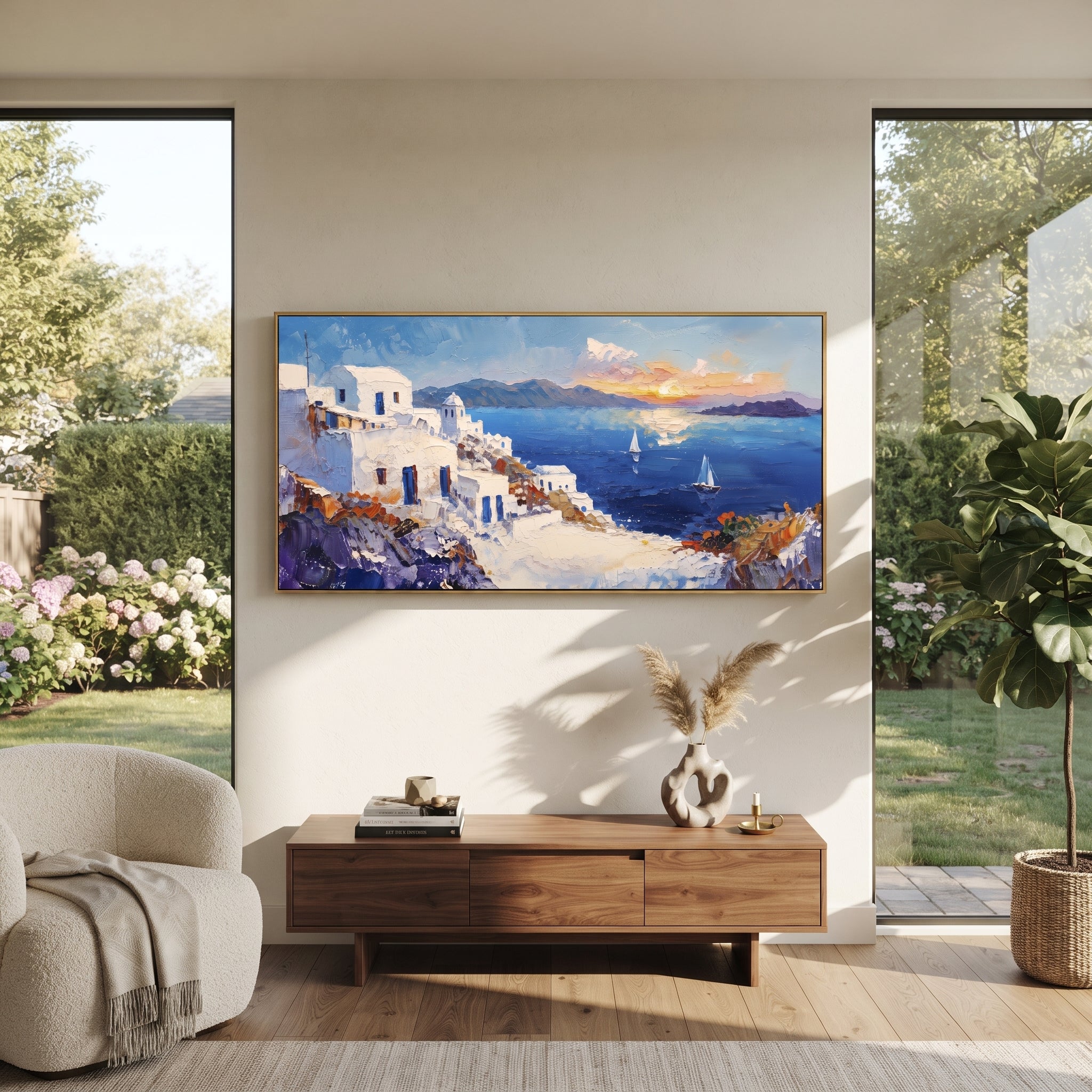 "Warm Coastal Sunset Painting" focuses on atmosphere, surface movement, and sculptural heavy impasto craftsmanship rather than a fixed literal storyline. The composition uses this hand-painted Mediterranean canvas features warm sunset over the coast, stone steps, boats, cliff village and orange light, built with raised palette-knife texture, layered brushwork, and luminous coastal color as the visual anchor, while layered palette-knife paint, raised plaster-like texture, and softened brush
