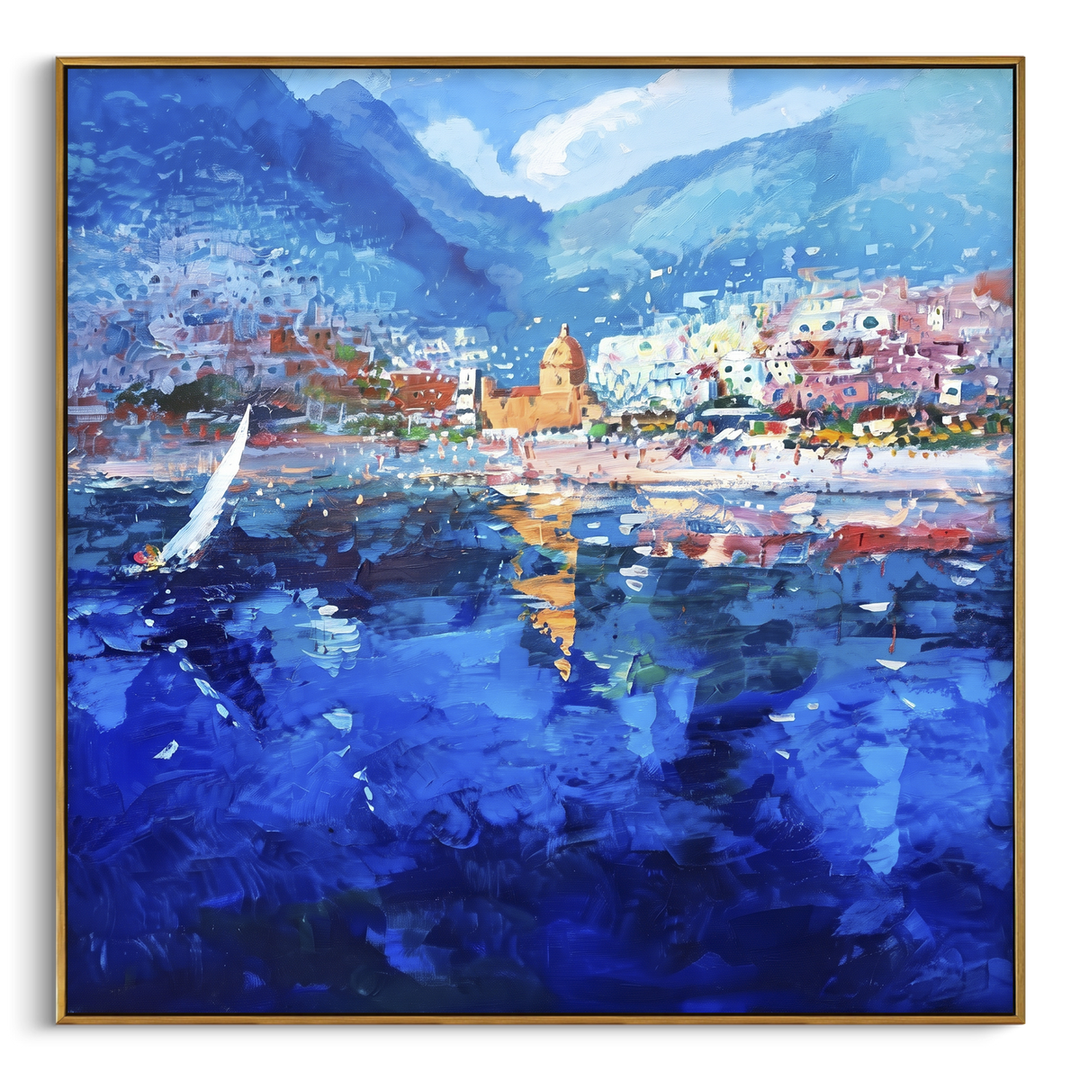 "Harbor Village Reflections Coastal with Terracotta Roofs Painting" focuses on atmosphere, surface movement, and sculptural heavy impasto craftsmanship rather than a fixed literal storyline. The composition uses this hand-painted Mediterranean canvas features colorful waterfront houses, moored boats, shimmering blue harbor reflections, pastel sky, built with raised palette-knife texture, layered brushwork, and luminous coastal color as the visual anchor, while layered palette-knife paint, raised