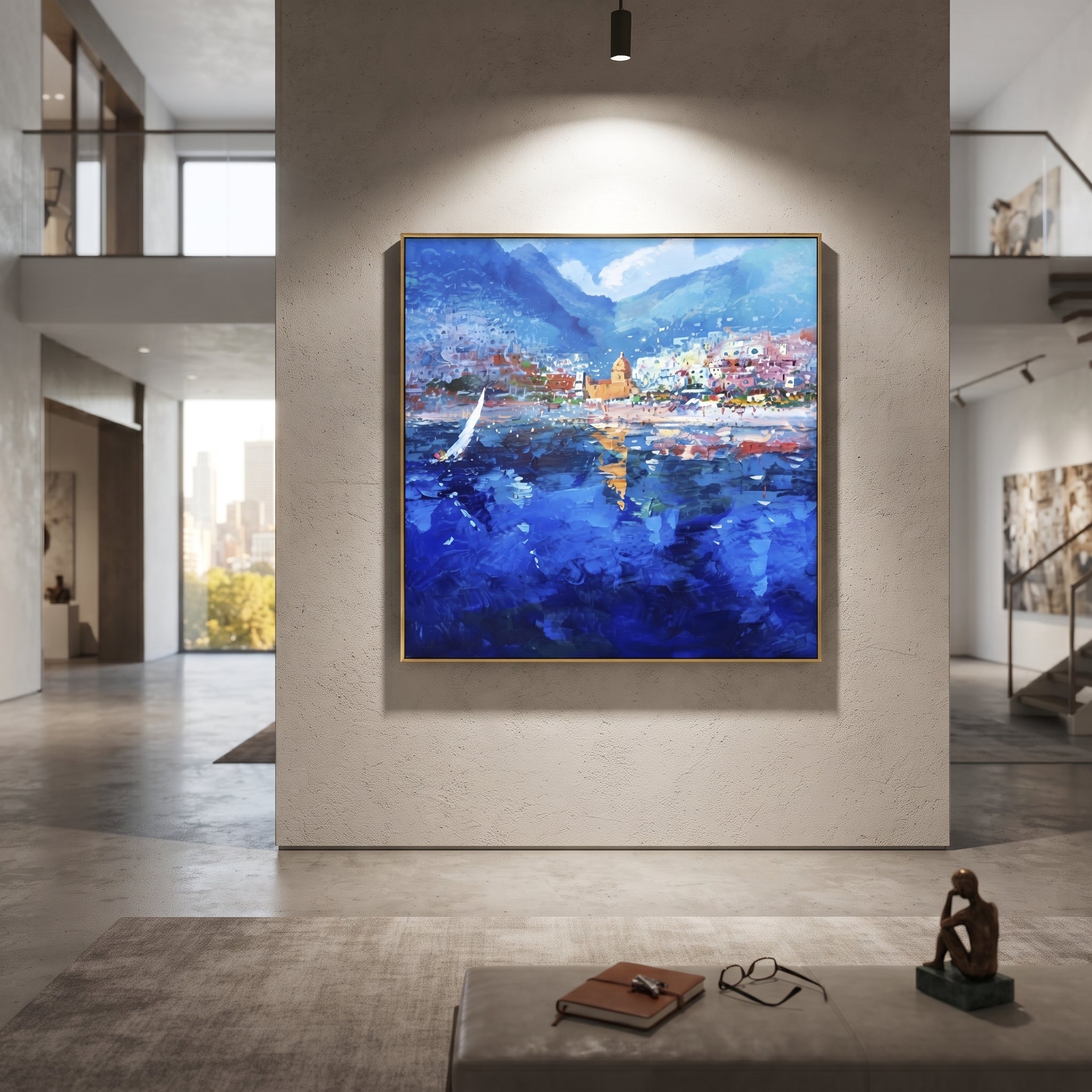 "Harbor Village Reflections Coastal with Terracotta Roofs Painting" focuses on atmosphere, surface movement, and sculptural heavy impasto craftsmanship rather than a fixed literal storyline. The composition uses this hand-painted Mediterranean canvas features colorful waterfront houses, moored boats, shimmering blue harbor reflections, pastel sky, built with raised palette-knife texture, layered brushwork, and luminous coastal color as the visual anchor, while layered palette-knife paint, raised