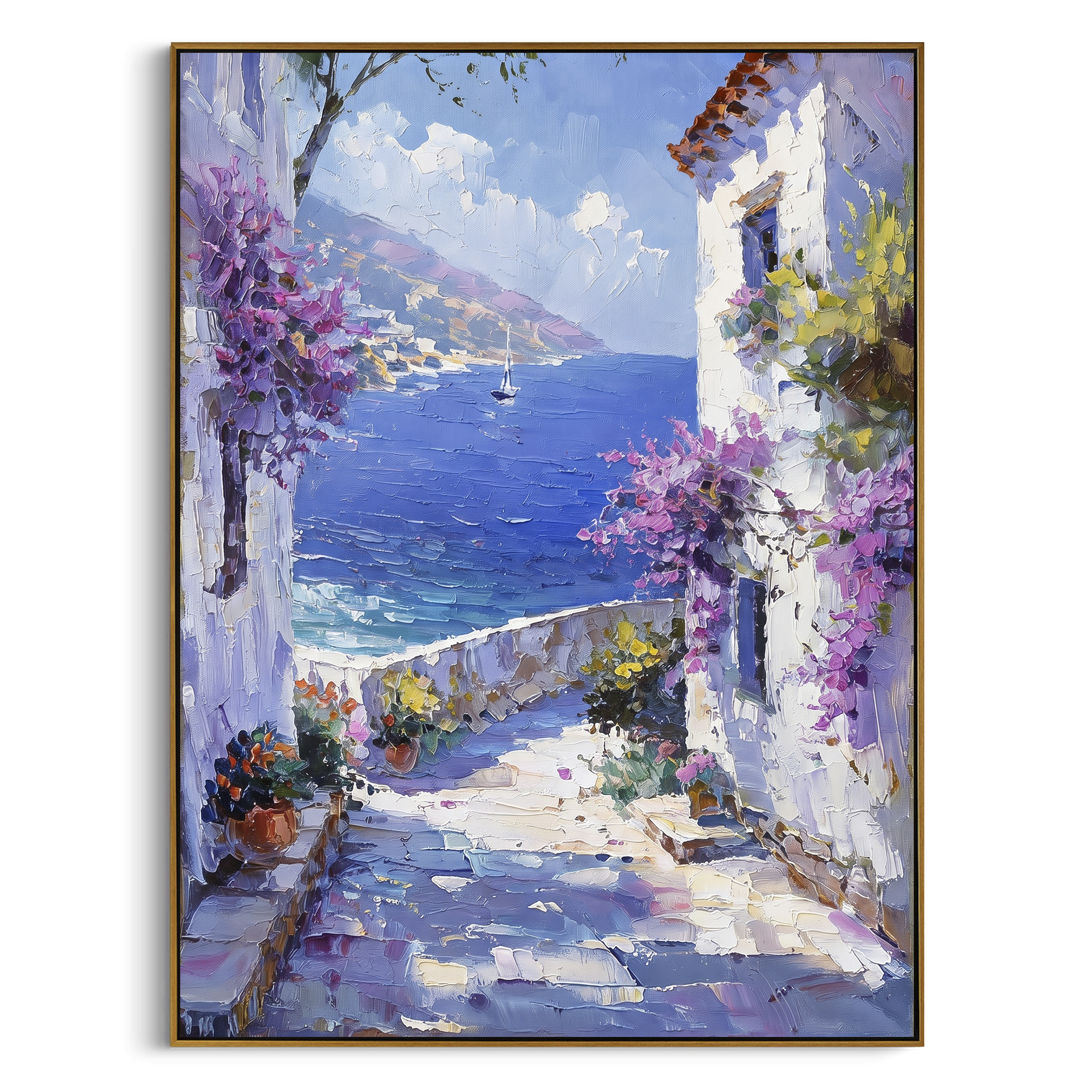 "Whitewashed Bloom Lane Painting" focuses on atmosphere, surface movement, and sculptural heavy impasto craftsmanship rather than a fixed literal storyline. The composition uses this hand-painted Mediterranean canvas features whitewashed stone lane, cascading pink bougainvillea, blue sea opening, sunlit village walls, built with raised palette-knife texture, layered brushwork, and luminous coastal color as the visual anchor, while layered palette-knife paint, raised plaster-like texture, and
