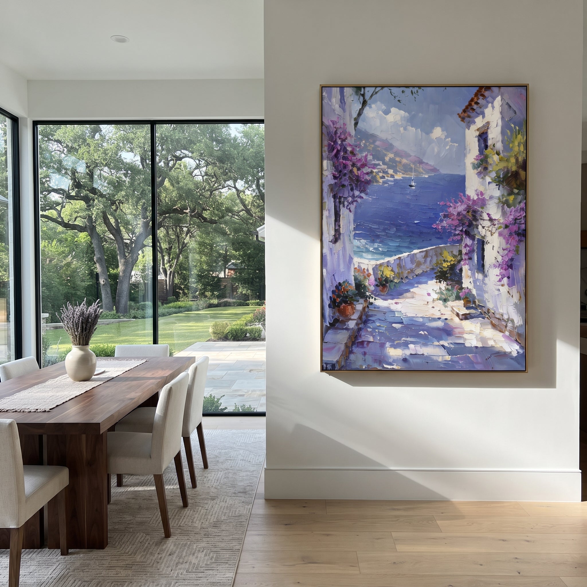 "Whitewashed Bloom Lane Painting" focuses on atmosphere, surface movement, and sculptural heavy impasto craftsmanship rather than a fixed literal storyline. The composition uses this hand-painted Mediterranean canvas features whitewashed stone lane, cascading pink bougainvillea, blue sea opening, sunlit village walls, built with raised palette-knife texture, layered brushwork, and luminous coastal color as the visual anchor, while layered palette-knife paint, raised plaster-like texture, and
