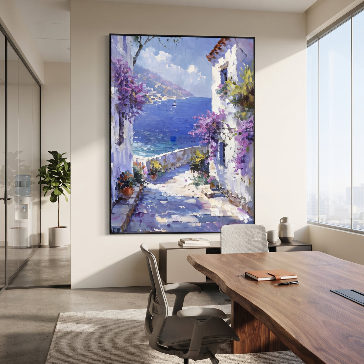 "Whitewashed Bloom Lane Painting" focuses on atmosphere, surface movement, and sculptural heavy impasto craftsmanship rather than a fixed literal storyline. The composition uses this hand-painted Mediterranean canvas features whitewashed stone lane, cascading pink bougainvillea, blue sea opening, sunlit village walls, built with raised palette-knife texture, layered brushwork, and luminous coastal color as the visual anchor, while layered palette-knife paint, raised plaster-like texture, and