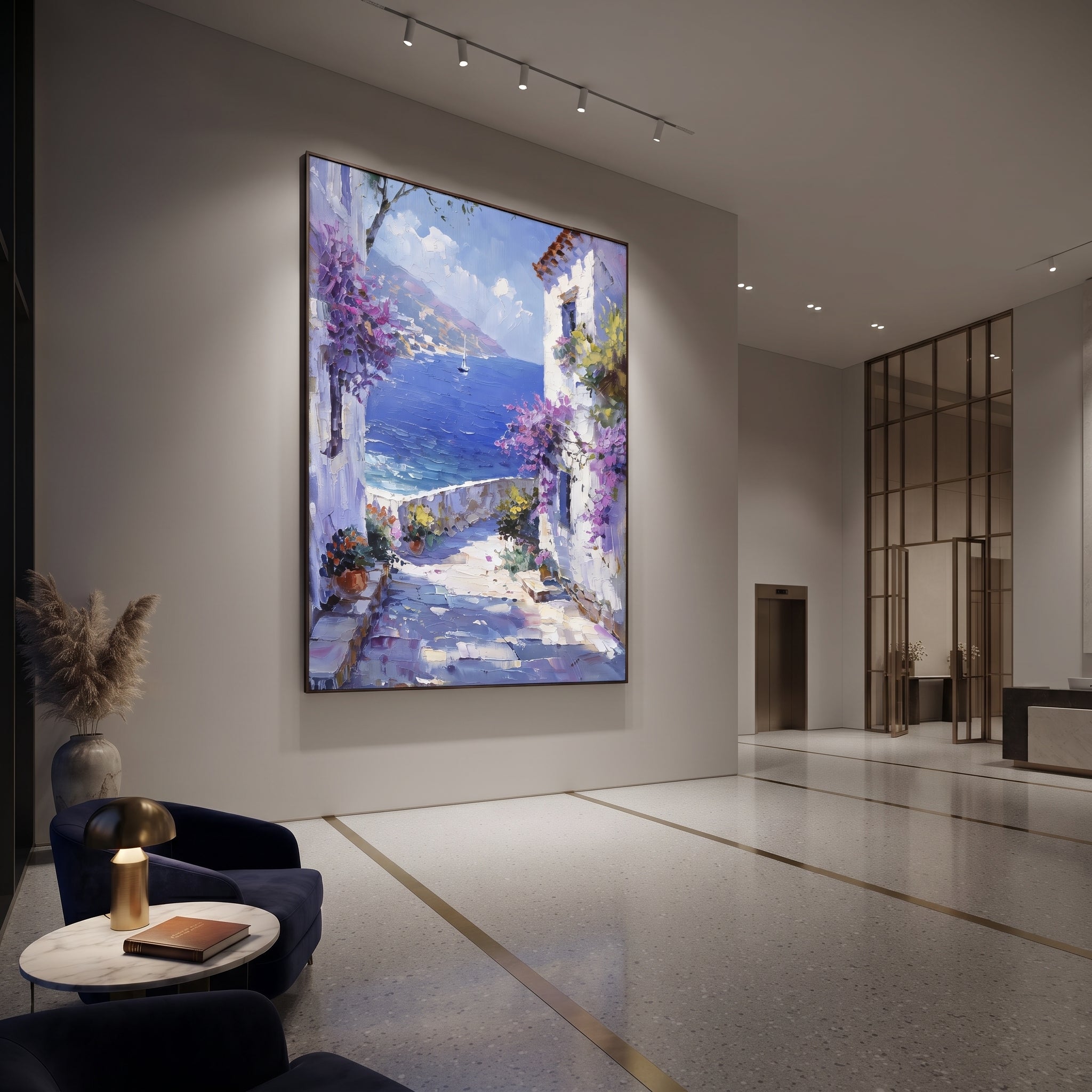 "Whitewashed Bloom Lane Painting" focuses on atmosphere, surface movement, and sculptural heavy impasto craftsmanship rather than a fixed literal storyline. The composition uses this hand-painted Mediterranean canvas features whitewashed stone lane, cascading pink bougainvillea, blue sea opening, sunlit village walls, built with raised palette-knife texture, layered brushwork, and luminous coastal color as the visual anchor, while layered palette-knife paint, raised plaster-like texture, and