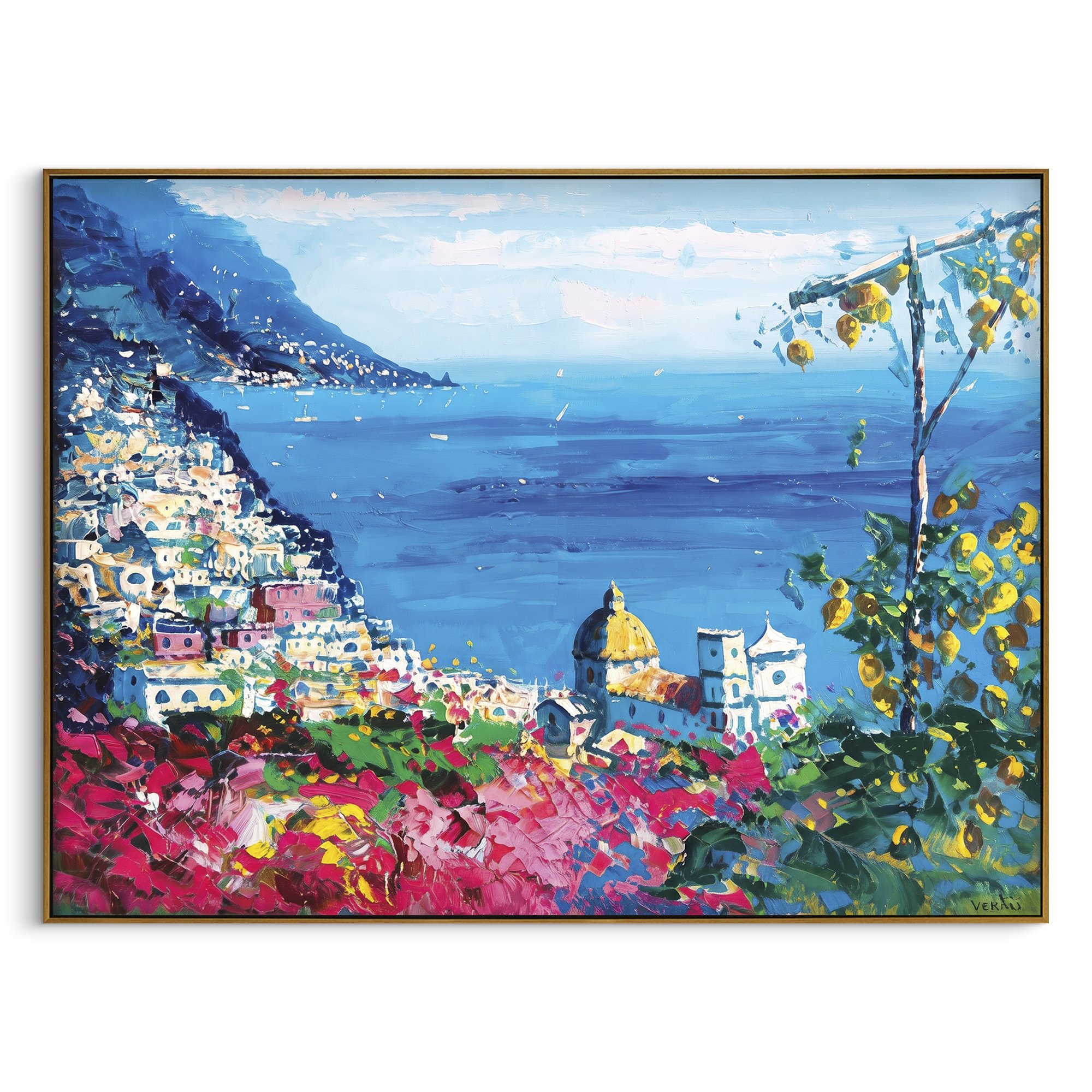 "Cliffside Coastal Vista Coastal with Sailboats Painting" focuses on atmosphere, surface movement, and sculptural heavy impasto craftsmanship rather than a fixed literal storyline. The composition uses this hand-painted Mediterranean canvas features steep coastal cliffs, hillside village, deep blue water, floral foreground, textured sky, built with raised palette-knife texture, layered brushwork, and luminous coastal color as the visual anchor, while layered palette-knife paint, raised