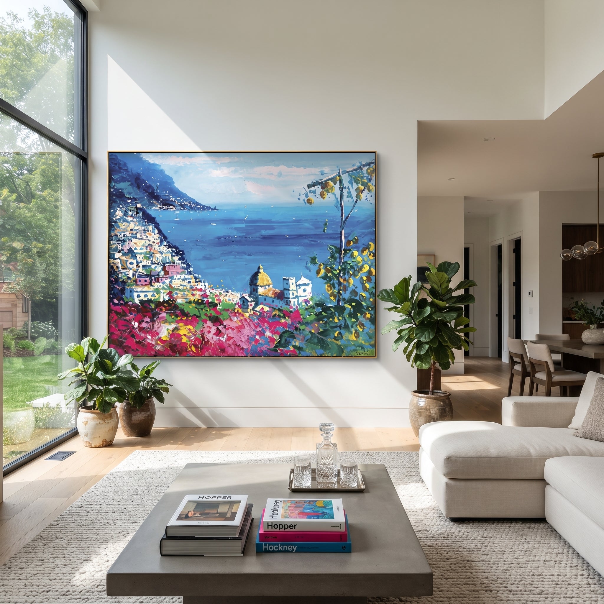 "Cliffside Coastal Vista Coastal with Sailboats Painting" focuses on atmosphere, surface movement, and sculptural heavy impasto craftsmanship rather than a fixed literal storyline. The composition uses this hand-painted Mediterranean canvas features steep coastal cliffs, hillside village, deep blue water, floral foreground, textured sky, built with raised palette-knife texture, layered brushwork, and luminous coastal color as the visual anchor, while layered palette-knife paint, raised