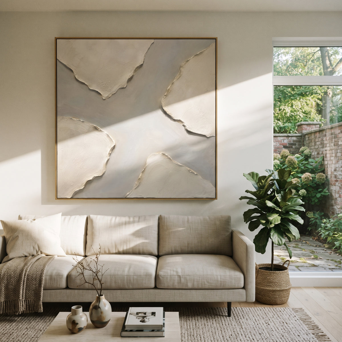 This neutral layered plaster relief painting uses torn-edge ivory forms, a soft grey center, and raised handmade texture as its visual anchor. The square composition keeps the abstract surface balanced while the beige, white, and grey palette gives modern interiors a quiet sculptural focal point.