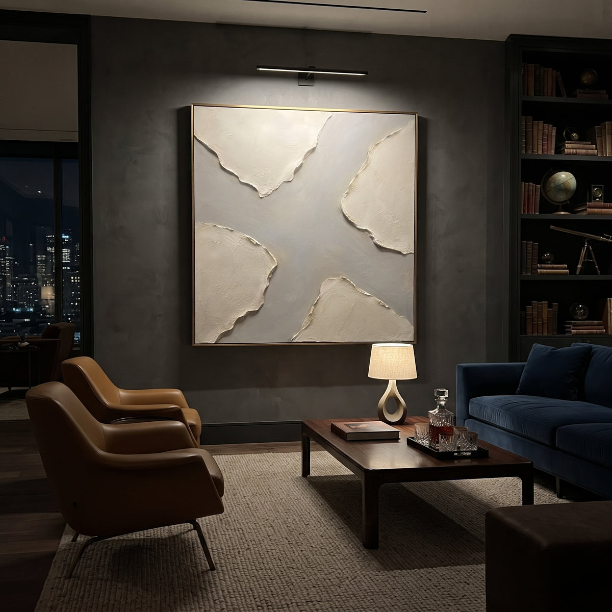 This neutral layered plaster relief painting uses torn-edge ivory forms, a soft grey center, and raised handmade texture as its visual anchor. The square composition keeps the abstract surface balanced while the beige, white, and grey palette gives modern interiors a quiet sculptural focal point.