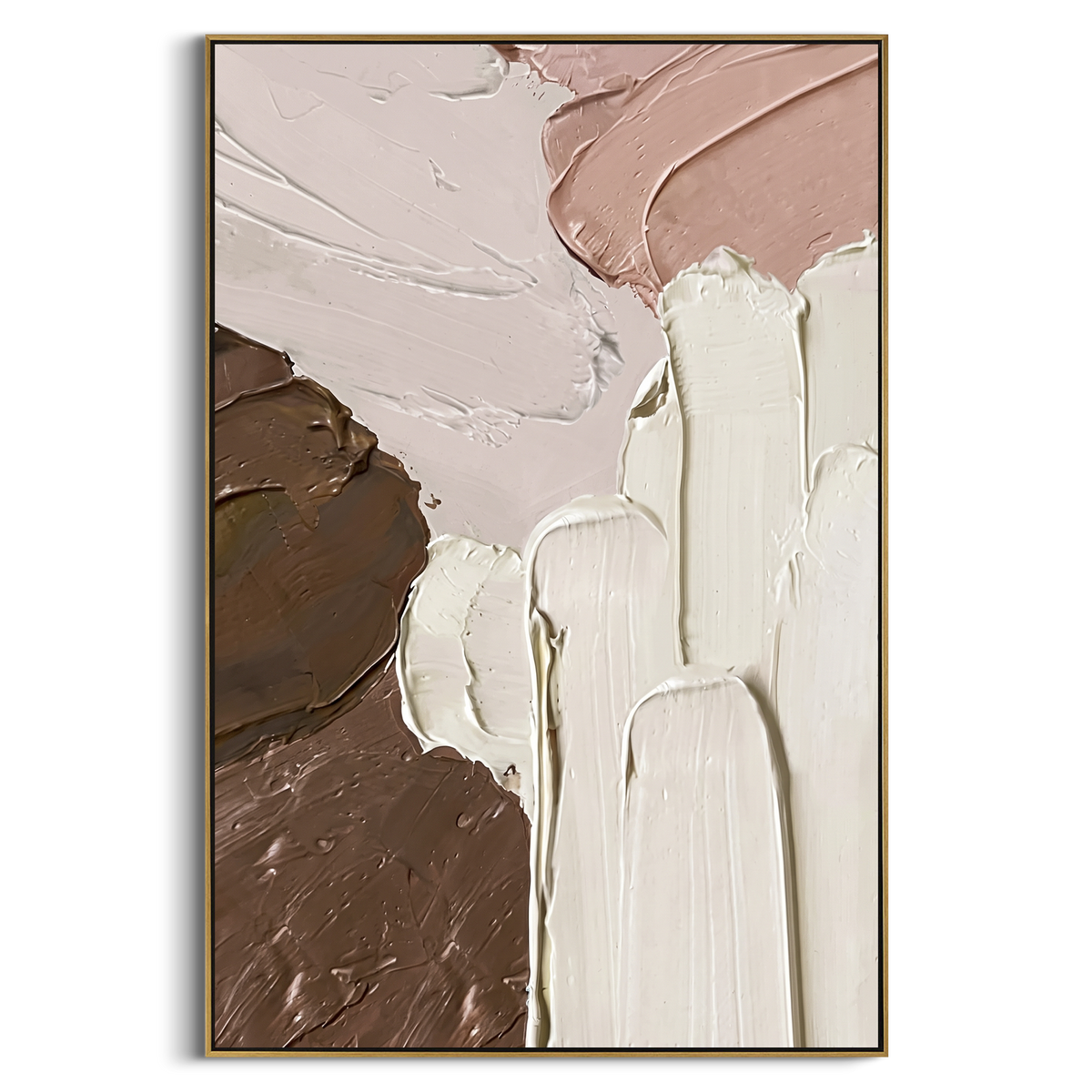 This warm brown impasto blocks painting is built around broad palette-knife passages in chocolate brown, ivory, and muted blush. Its raised plaster surface and vertical format create a calm modern abstract statement for bedrooms, entries, living rooms, and hospitality interiors.