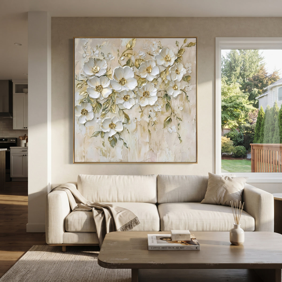 This white botanical blossom relief painting combines raised white flowers, fine green leaf stems, and muted gold centers over a lightly textured ivory ground. The square layout creates a graceful floral wall feature with soft handmade dimension.