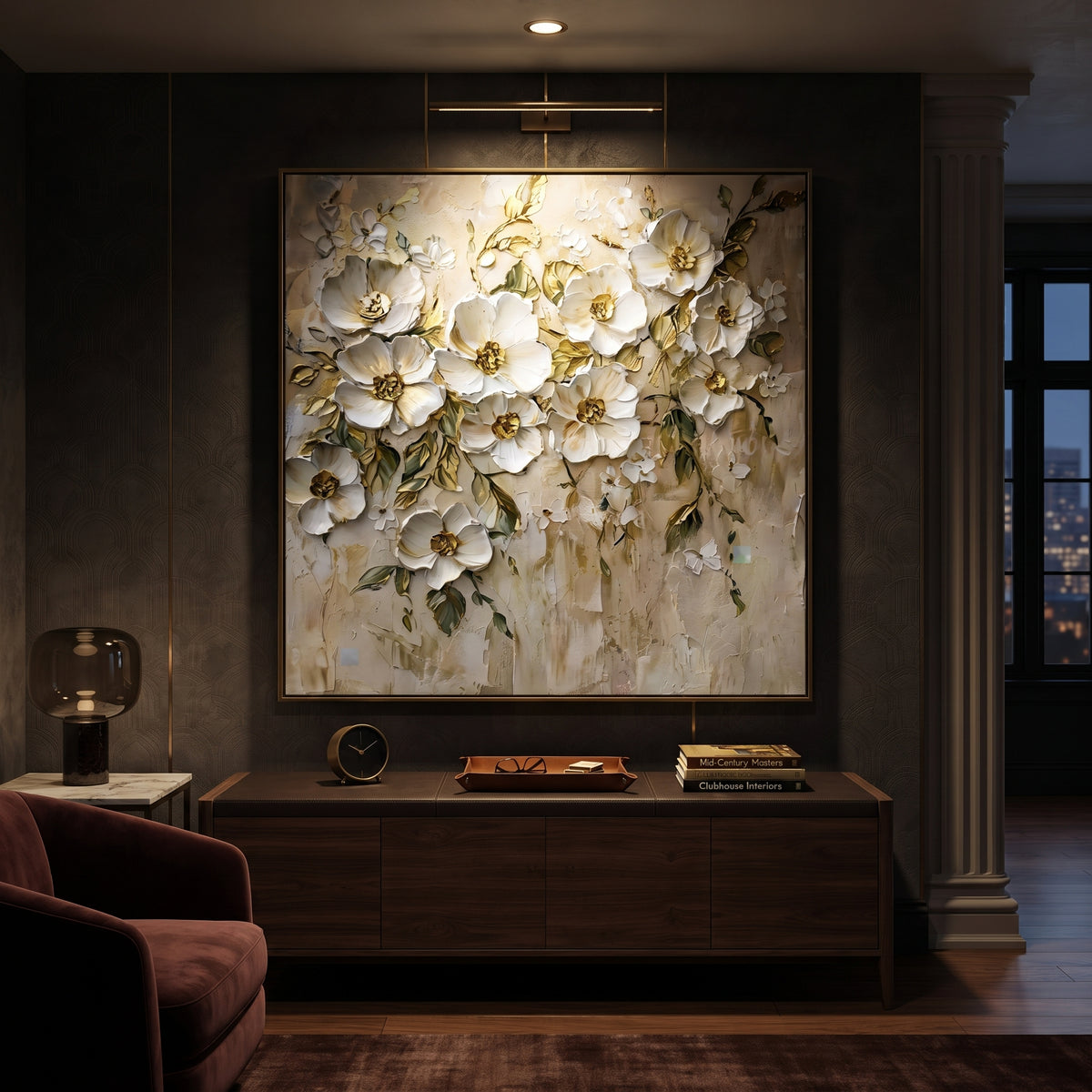 This white botanical blossom relief painting combines raised white flowers, fine green leaf stems, and muted gold centers over a lightly textured ivory ground. The square layout creates a graceful floral wall feature with soft handmade dimension.