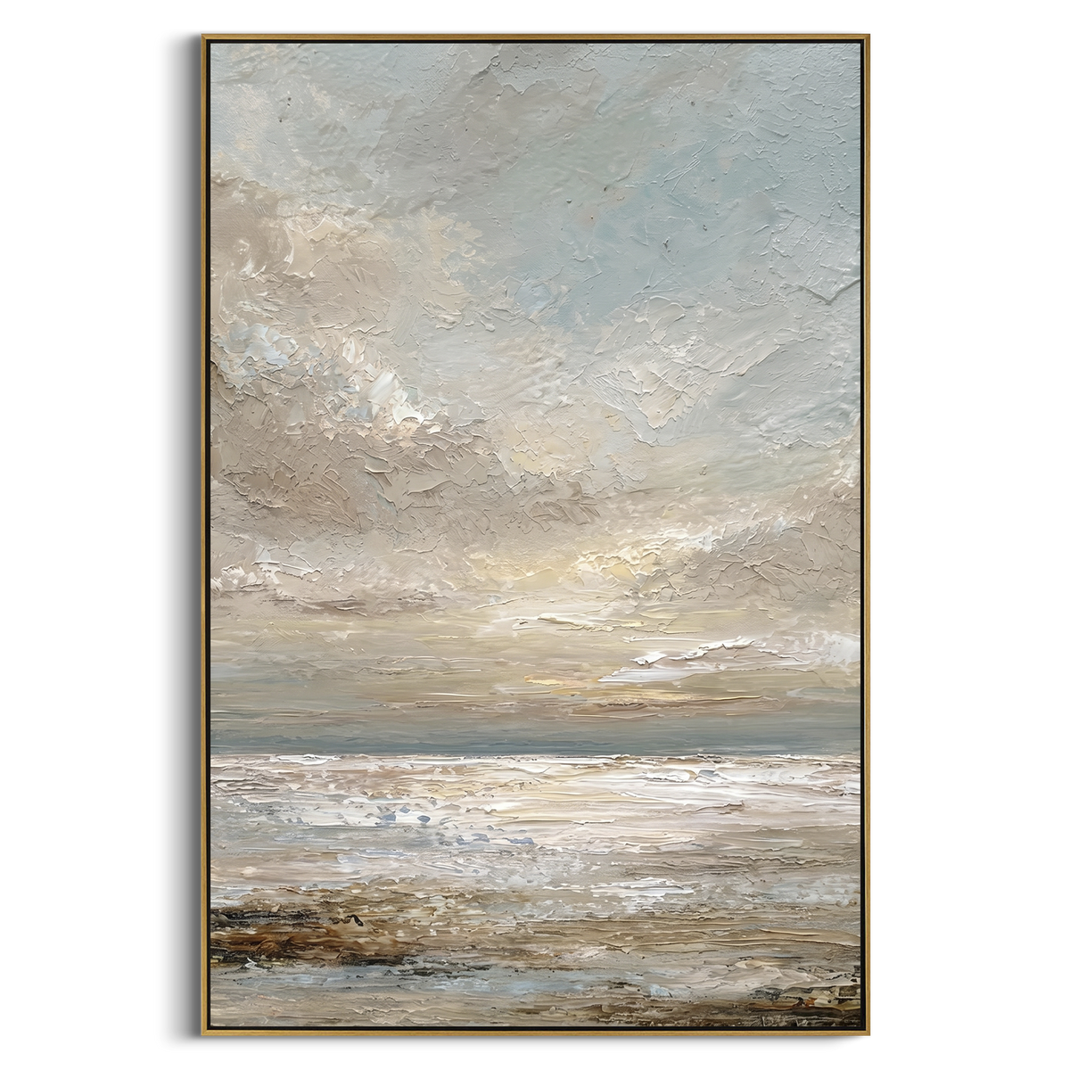 This misty coastal impasto seascape painting uses layered blue, beige, and white palette-knife texture to form a quiet shoreline under a luminous sky. The vertical format brings height and calm coastal atmosphere to modern interiors.
