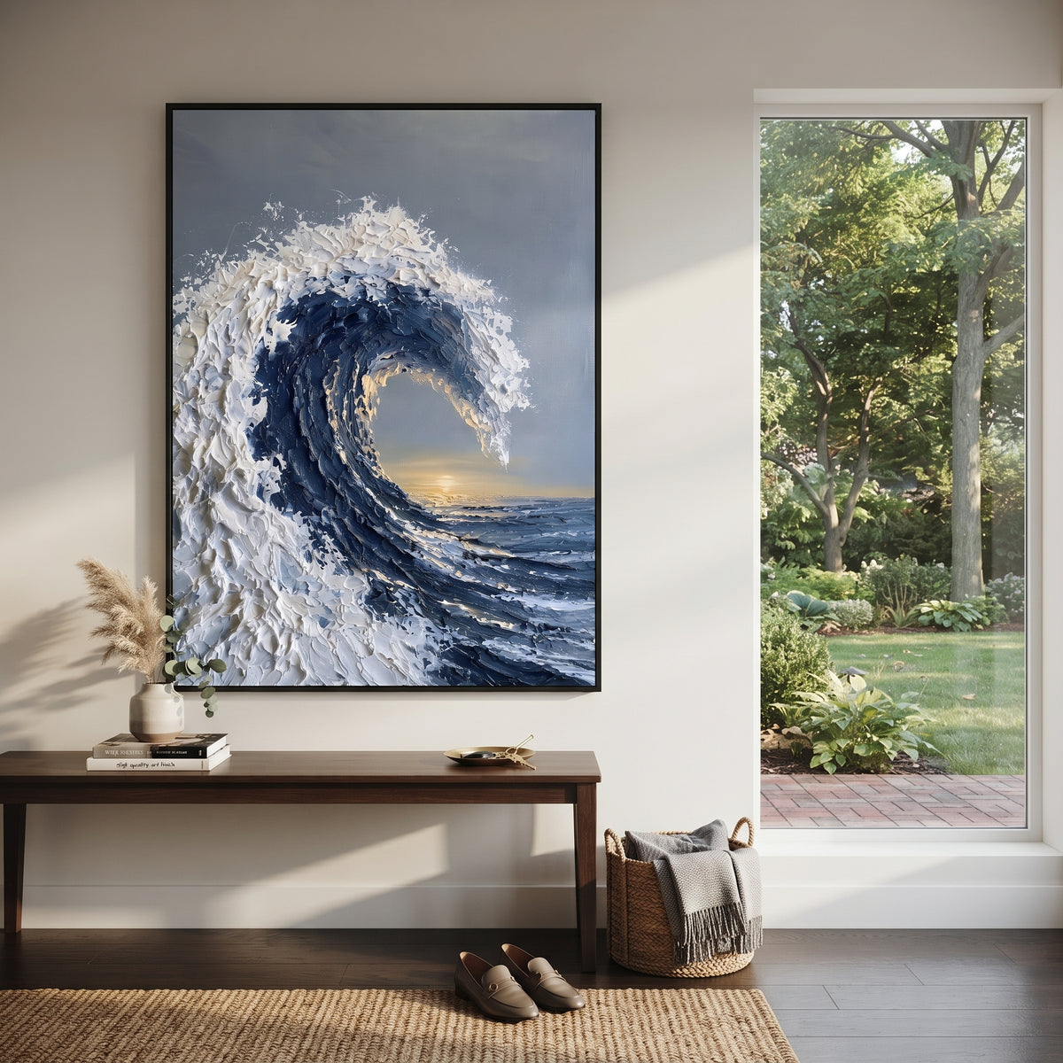 This crashing blue wave relief painting captures a curling ocean wave with heavy white foam, deep blue water, and warm light at the horizon. Thick palette-knife texture gives the seascape a sculptural handmade presence.