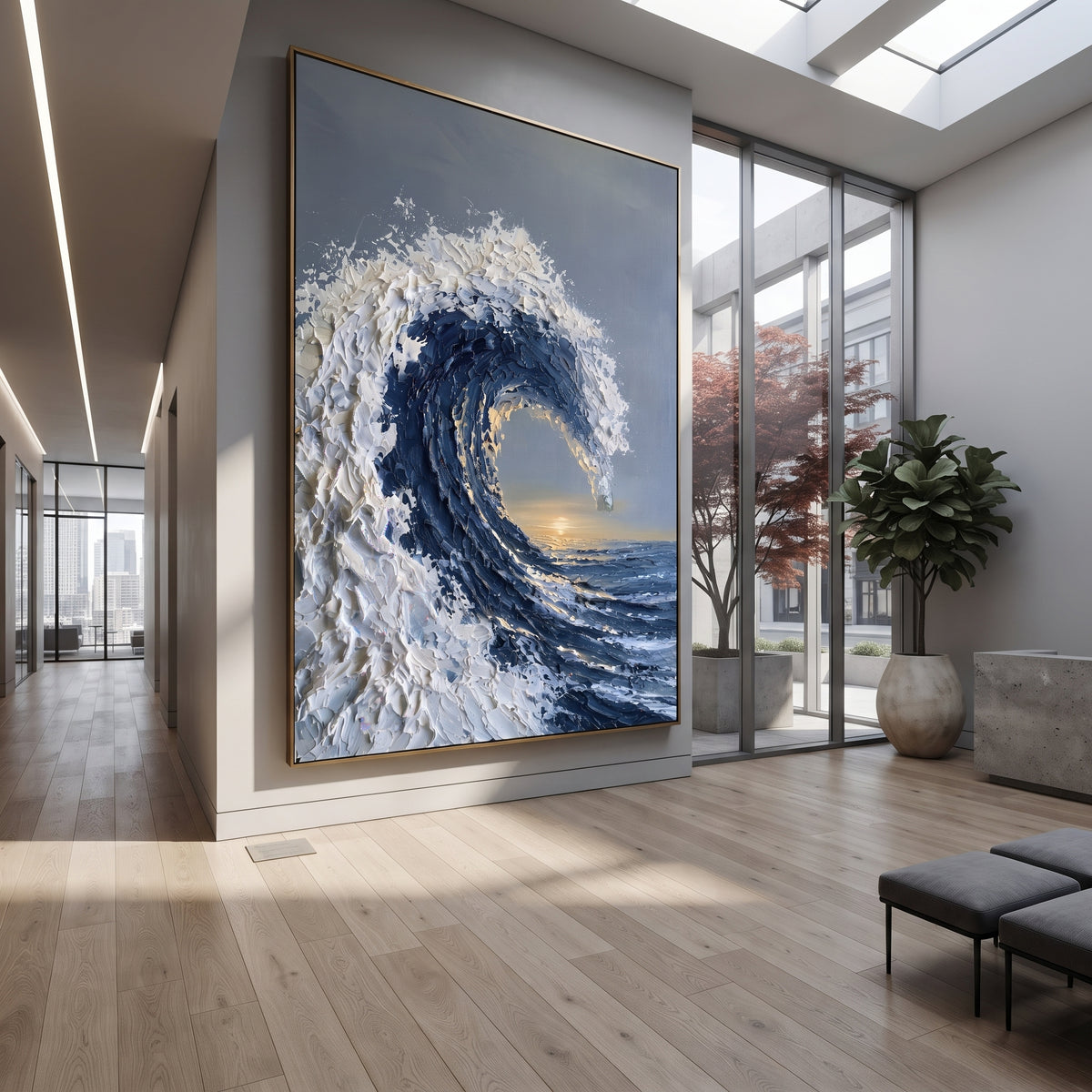 This crashing blue wave relief painting captures a curling ocean wave with heavy white foam, deep blue water, and warm light at the horizon. Thick palette-knife texture gives the seascape a sculptural handmade presence.