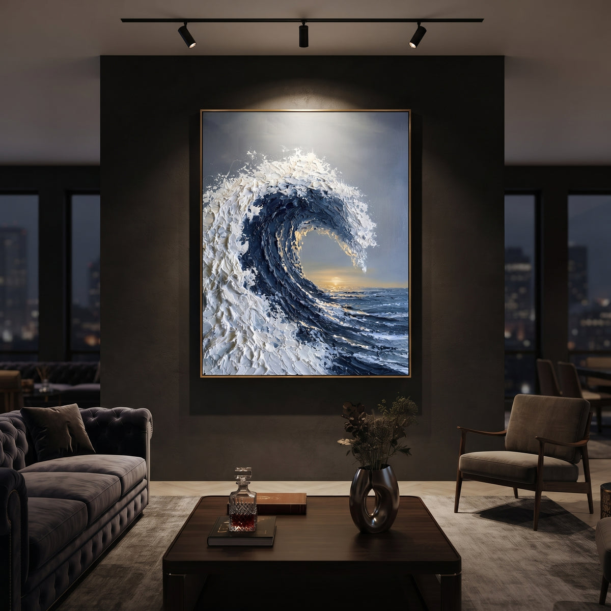 This crashing blue wave relief painting captures a curling ocean wave with heavy white foam, deep blue water, and warm light at the horizon. Thick palette-knife texture gives the seascape a sculptural handmade presence.