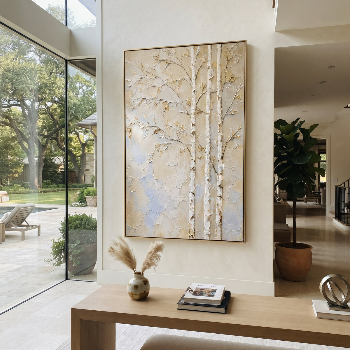 This birch tree plaster relief painting uses raised white trunks, slender branches, and muted gold leaves to create a quiet botanical scene. Its neutral beige and ivory surface gives the vertical canvas a soft natural presence for modern interiors.